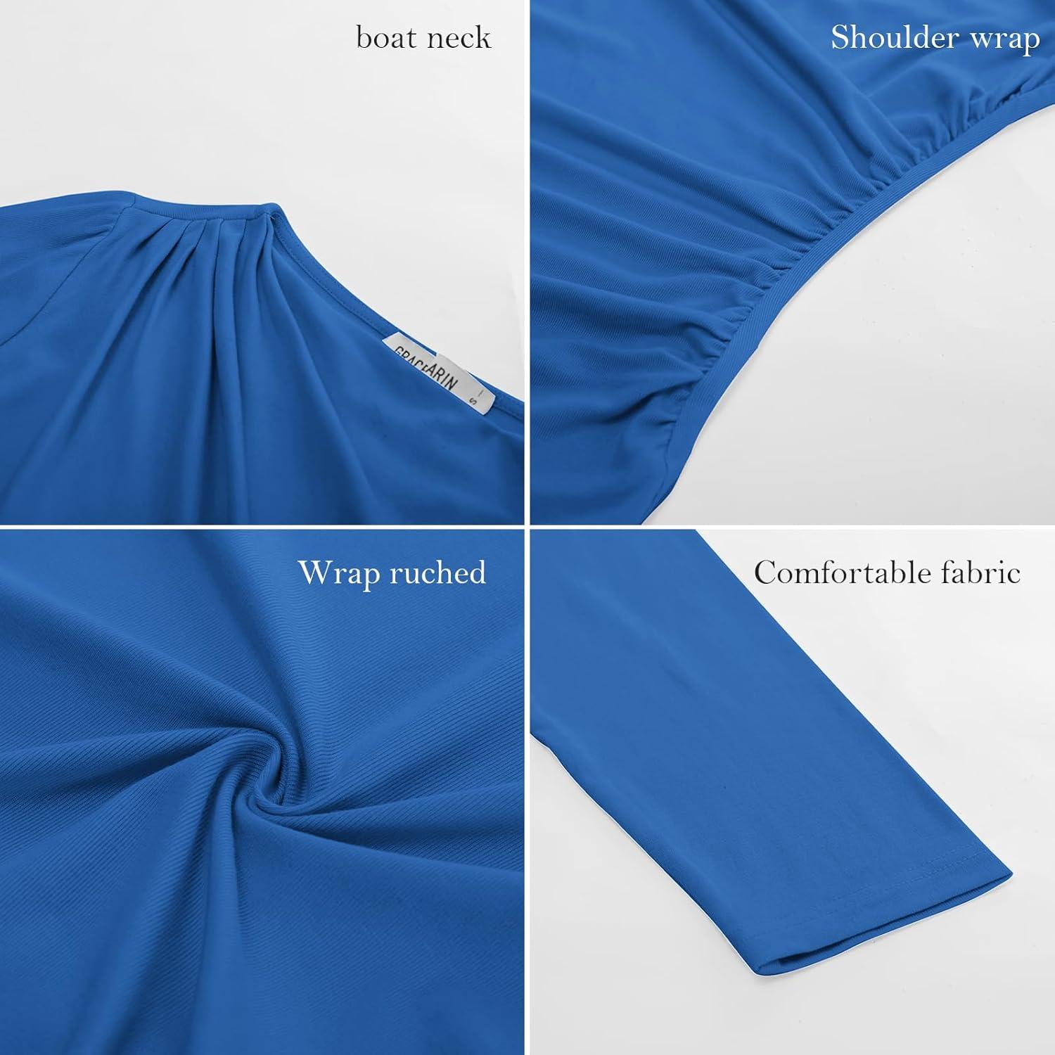 imageGRACE KARIN 2026 Womens Long Sleeve Wrap Blouse Boat Neck Ruched Fitted Trendy Top for Fall Dressy CasualRoyal Blue
