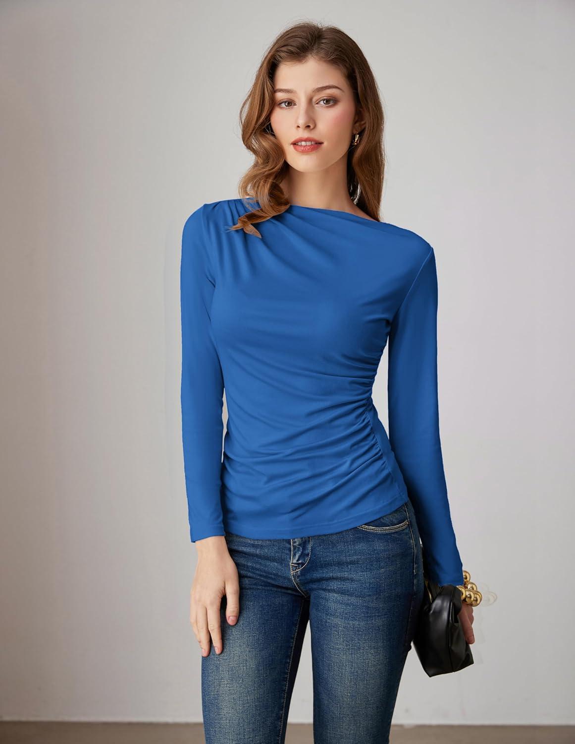 imageGRACE KARIN 2026 Womens Long Sleeve Wrap Blouse Boat Neck Ruched Fitted Trendy Top for Fall Dressy CasualRoyal Blue