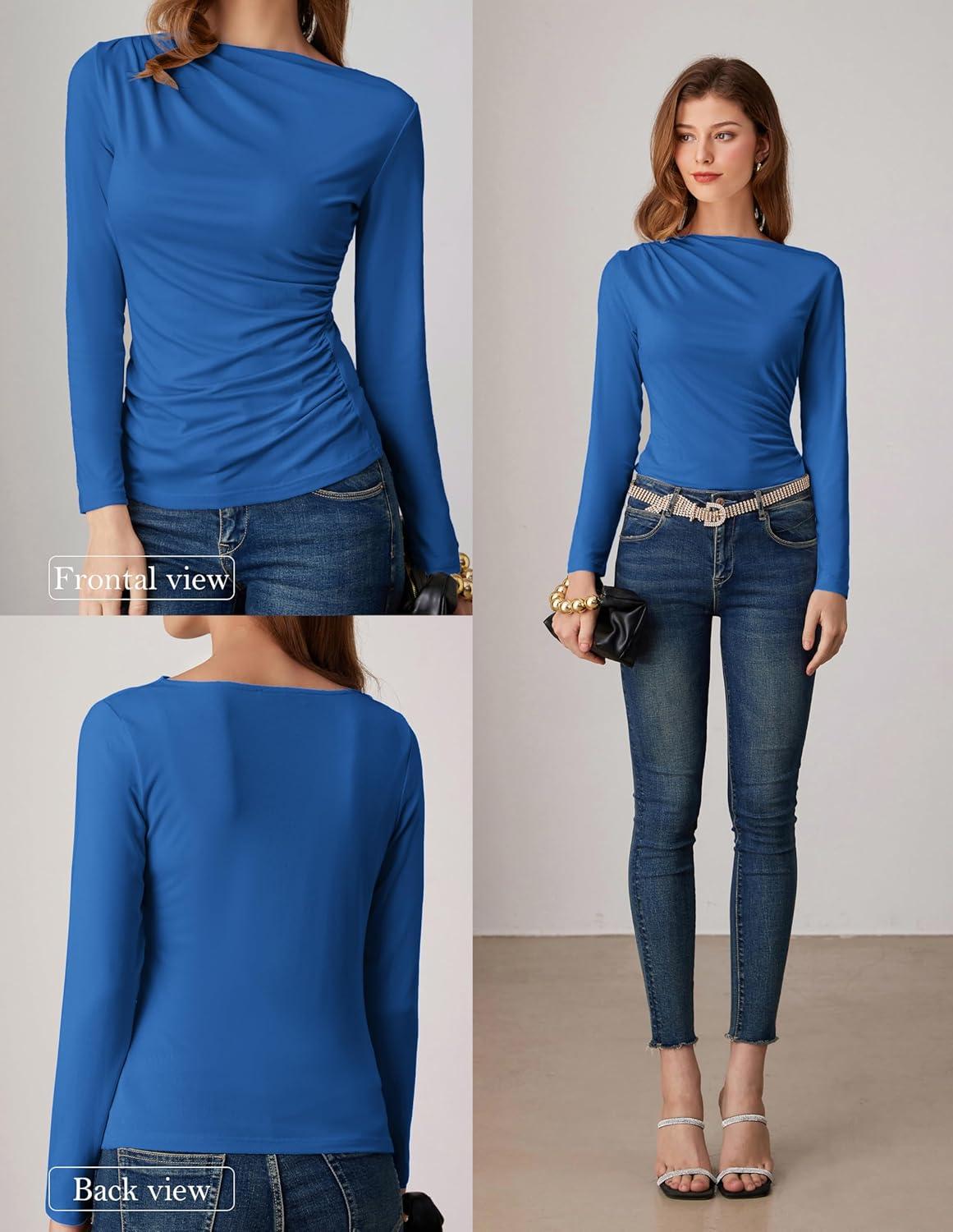 imageGRACE KARIN 2026 Womens Long Sleeve Wrap Blouse Boat Neck Ruched Fitted Trendy Top for Fall Dressy CasualRoyal Blue