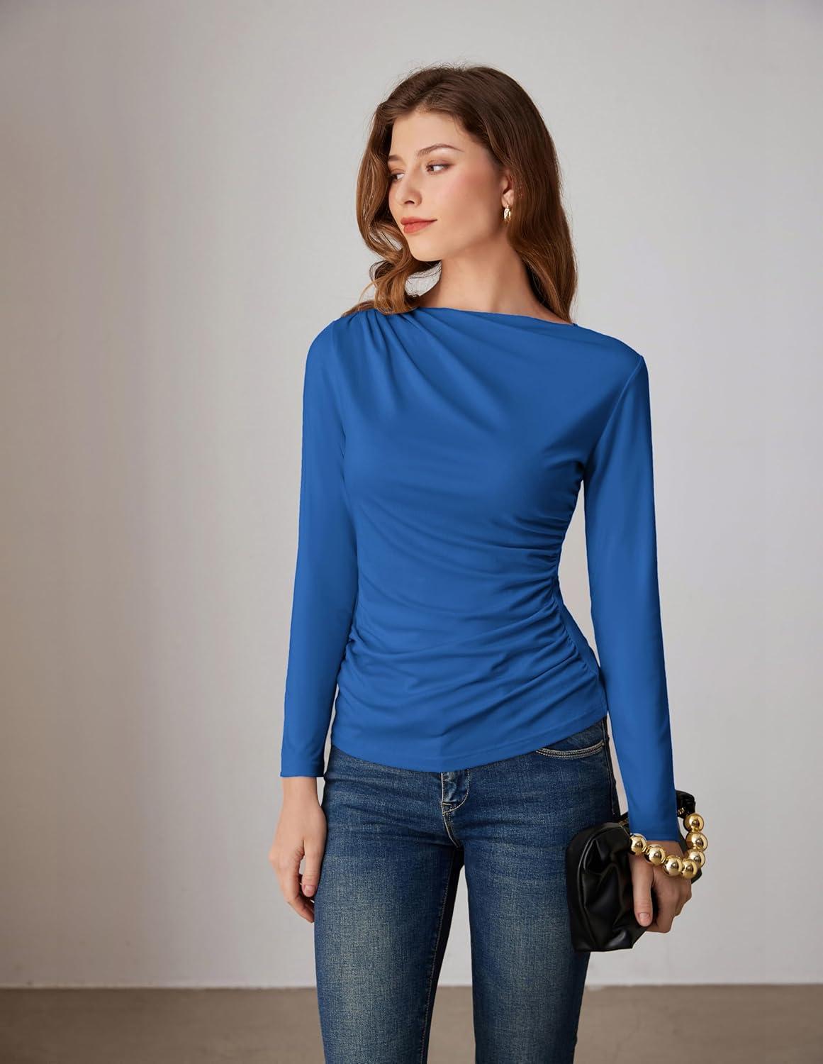 imageGRACE KARIN 2026 Womens Long Sleeve Wrap Blouse Boat Neck Ruched Fitted Trendy Top for Fall Dressy CasualRoyal Blue