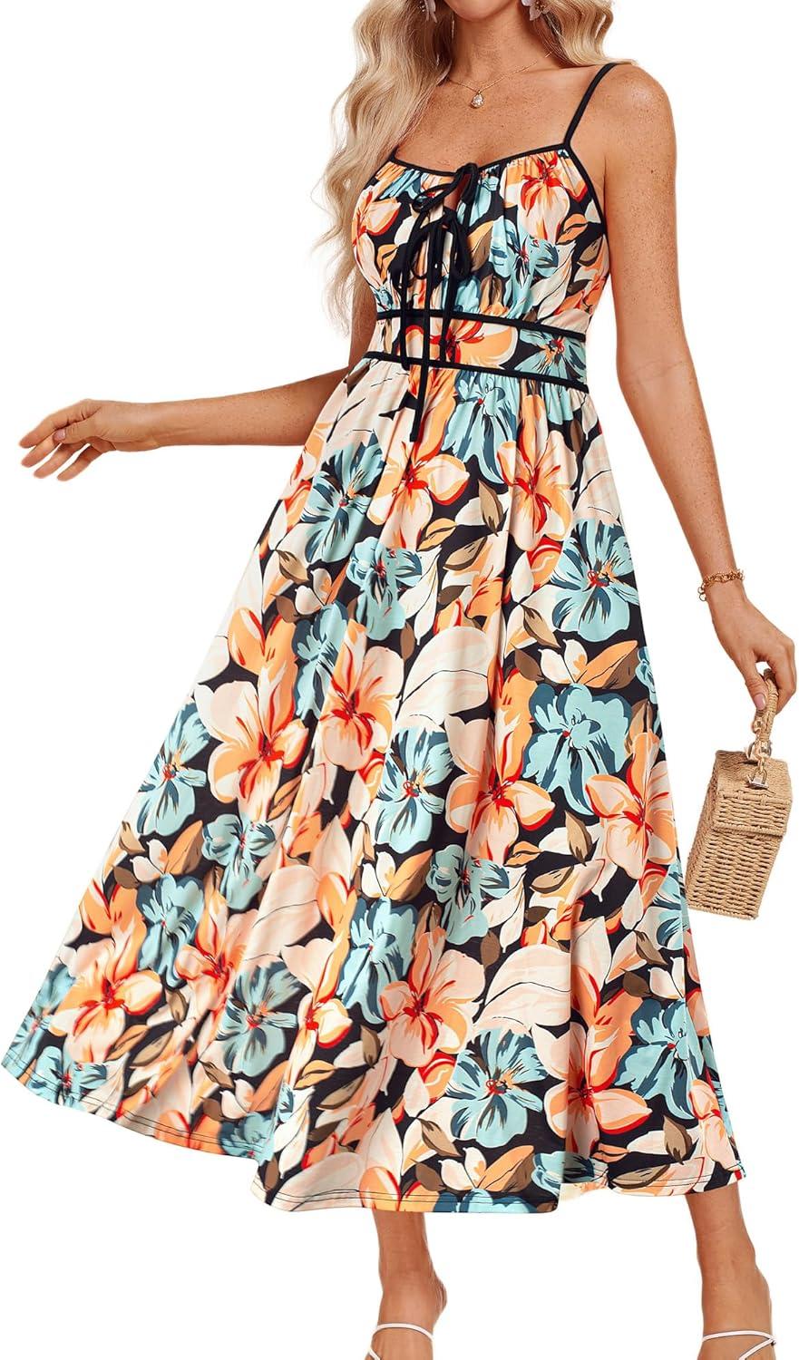 imageGRACE KARIN 2026 Womens Summer Maxi Dresses Tie Front Floral Boho Dress Spaghetti Strap Sundress with PocketsBlack Orange