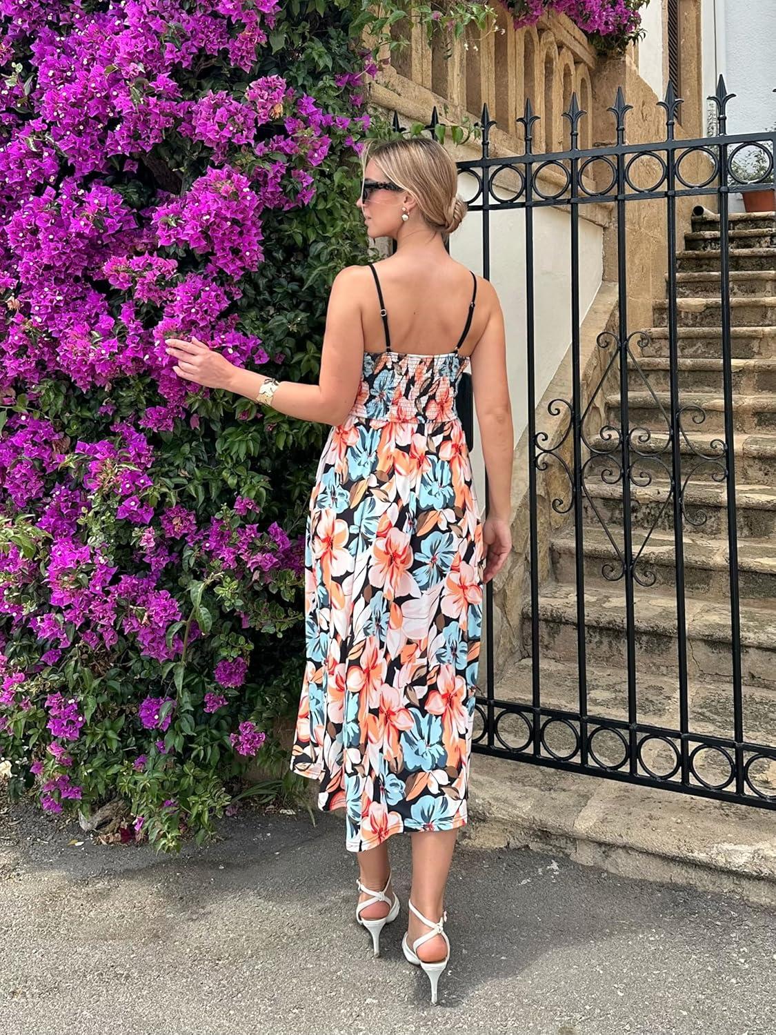 imageGRACE KARIN 2026 Womens Summer Maxi Dresses Tie Front Floral Boho Dress Spaghetti Strap Sundress with PocketsBlack Orange