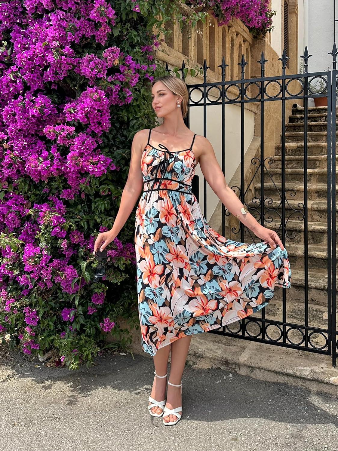 imageGRACE KARIN 2026 Womens Summer Maxi Dresses Tie Front Floral Boho Dress Spaghetti Strap Sundress with PocketsBlack Orange