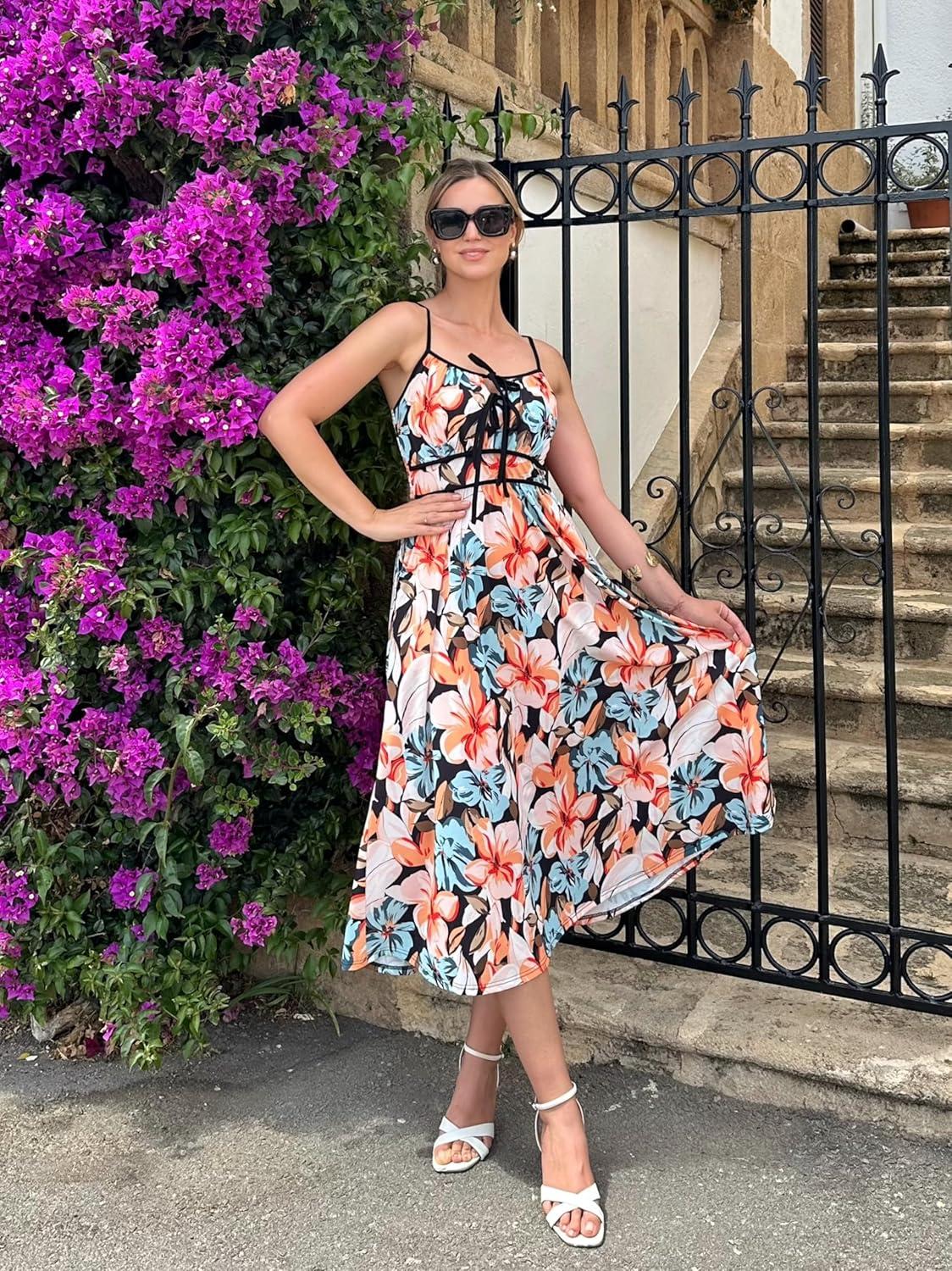 imageGRACE KARIN 2026 Womens Summer Maxi Dresses Tie Front Floral Boho Dress Spaghetti Strap Sundress with PocketsBlack Orange