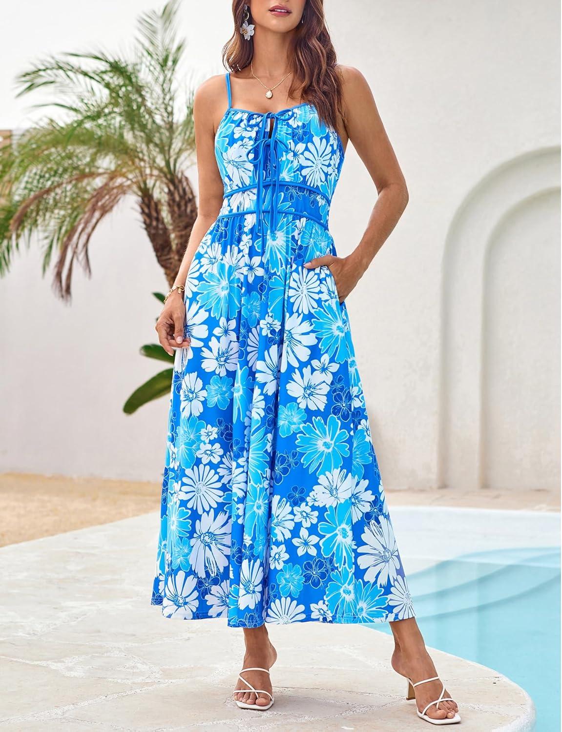 imageGRACE KARIN 2026 Womens Summer Maxi Dresses Tie Front Floral Boho Dress Spaghetti Strap Sundress with PocketsBlue White