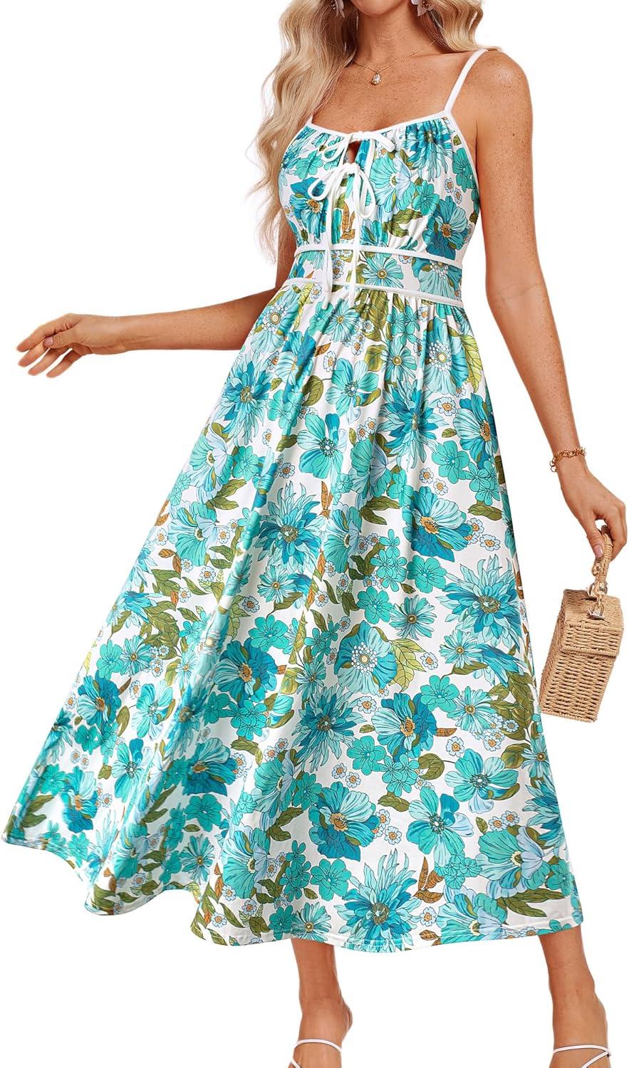 imageGRACE KARIN 2026 Womens Summer Maxi Dresses Tie Front Floral Boho Dress Spaghetti Strap Sundress with PocketsGreen