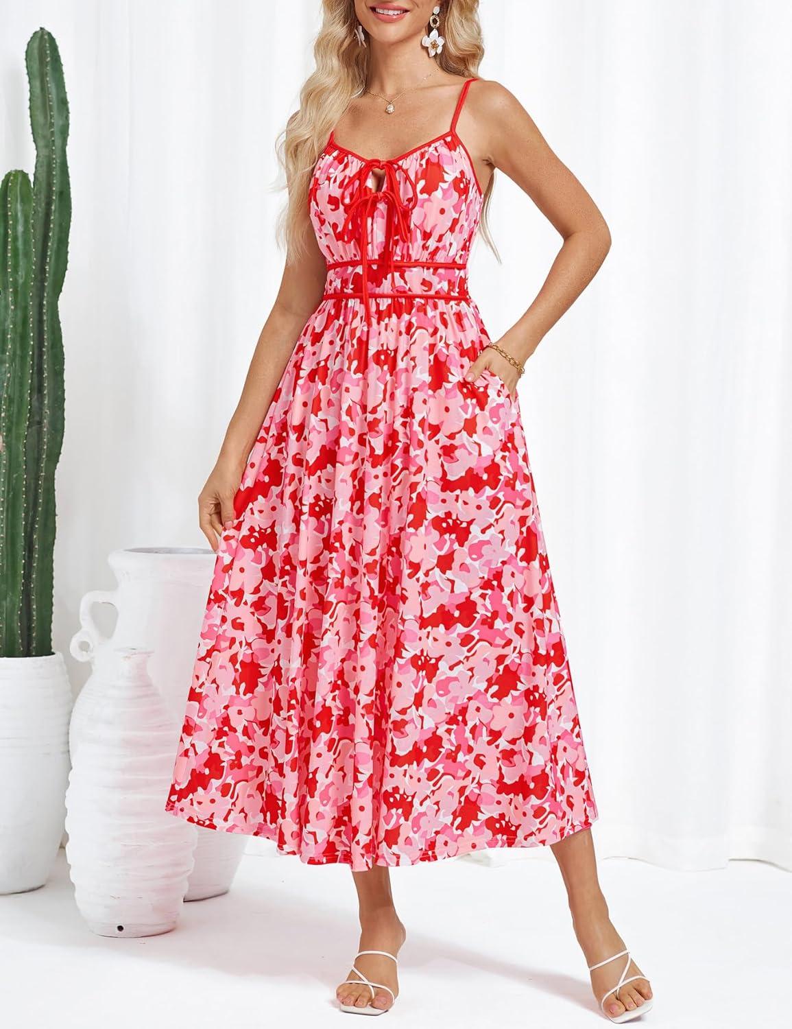 imageGRACE KARIN 2026 Womens Summer Maxi Dresses Tie Front Floral Boho Dress Spaghetti Strap Sundress with PocketsPink Red