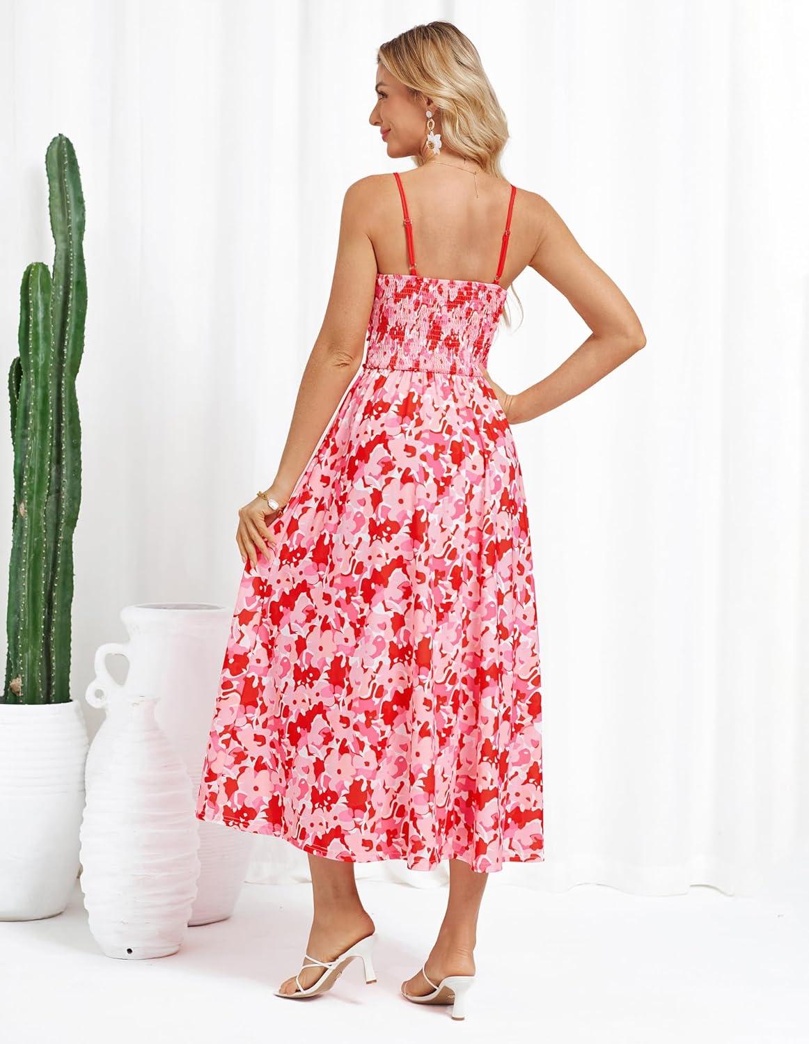 imageGRACE KARIN 2026 Womens Summer Maxi Dresses Tie Front Floral Boho Dress Spaghetti Strap Sundress with PocketsPink Red