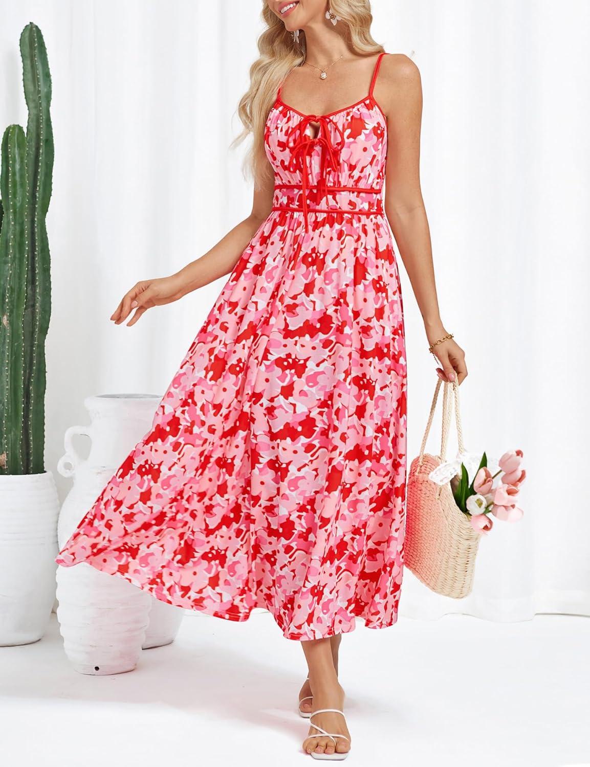 imageGRACE KARIN 2026 Womens Summer Maxi Dresses Tie Front Floral Boho Dress Spaghetti Strap Sundress with PocketsPink Red