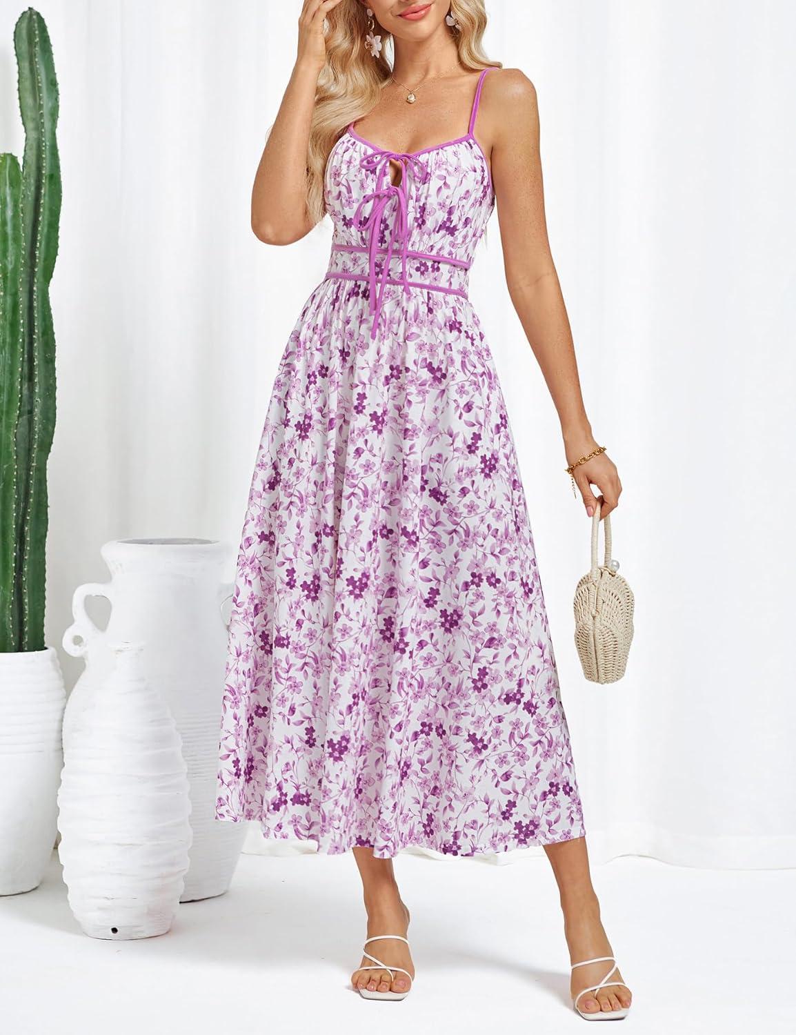 imageGRACE KARIN 2026 Womens Summer Maxi Dresses Tie Front Floral Boho Dress Spaghetti Strap Sundress with PocketsPurple