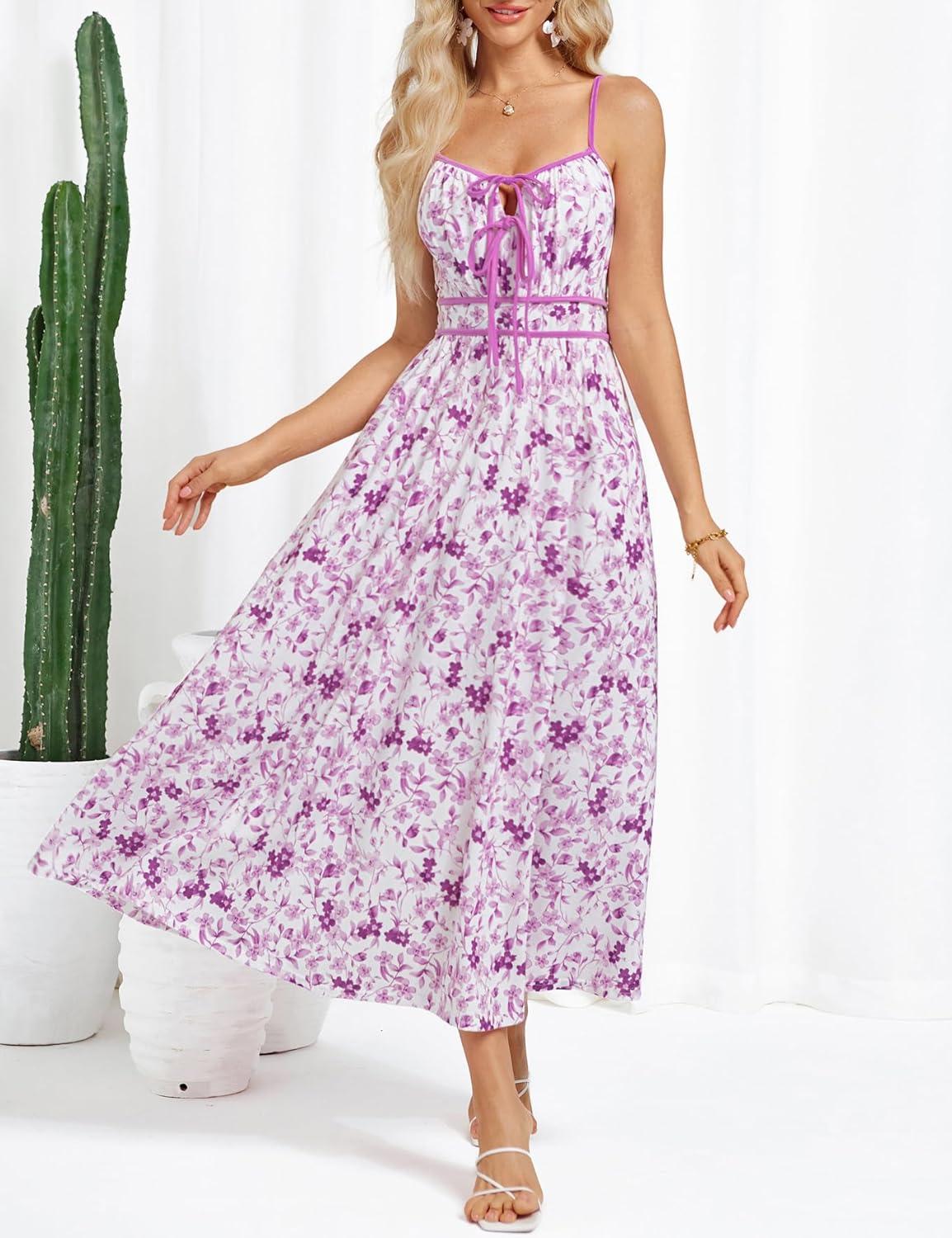 imageGRACE KARIN 2026 Womens Summer Maxi Dresses Tie Front Floral Boho Dress Spaghetti Strap Sundress with PocketsPurple