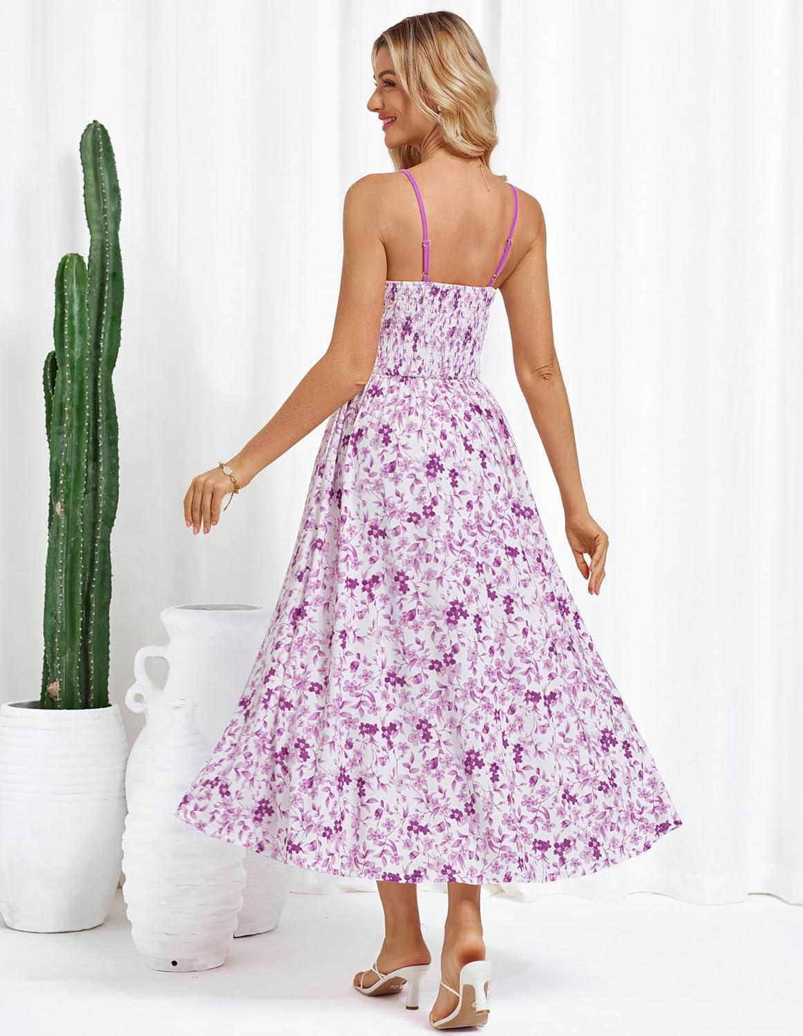 imageGRACE KARIN 2026 Womens Summer Maxi Dresses Tie Front Floral Boho Dress Spaghetti Strap Sundress with PocketsPurple