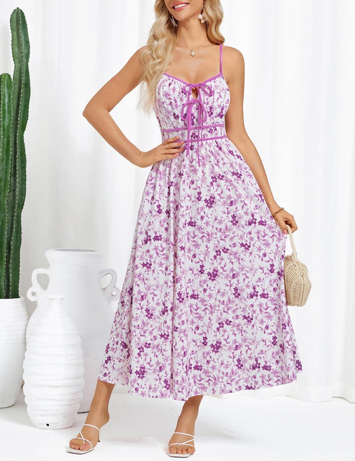 imageGRACE KARIN 2026 Womens Summer Maxi Dresses Tie Front Floral Boho Dress Spaghetti Strap Sundress with PocketsPurple