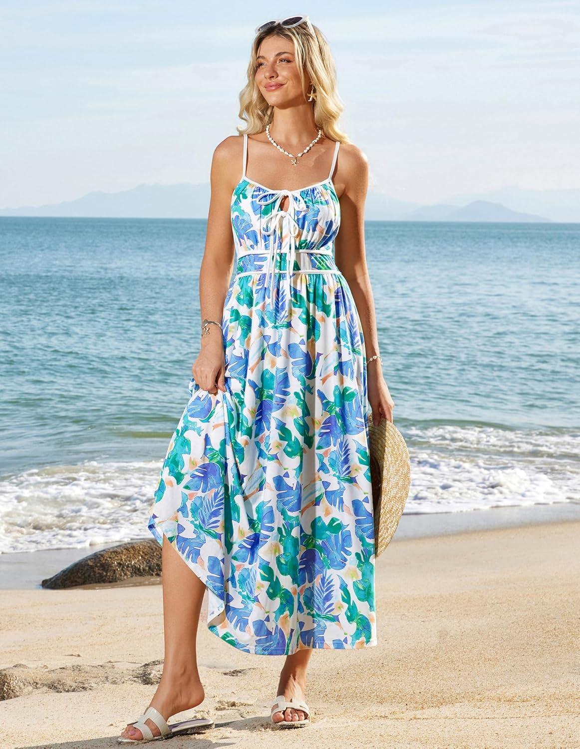 imageGRACE KARIN 2026 Womens Summer Maxi Dresses Tie Front Floral Boho Dress Spaghetti Strap Sundress with PocketsPurple Green