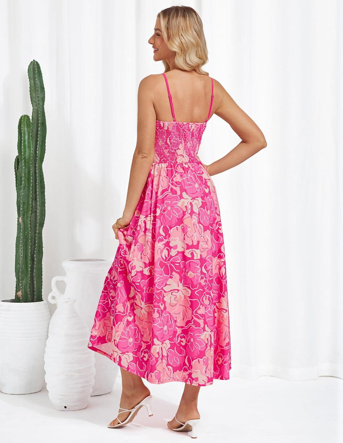 imageGRACE KARIN 2026 Womens Summer Maxi Dresses Tie Front Floral Boho Dress Spaghetti Strap Sundress with PocketsRose Red