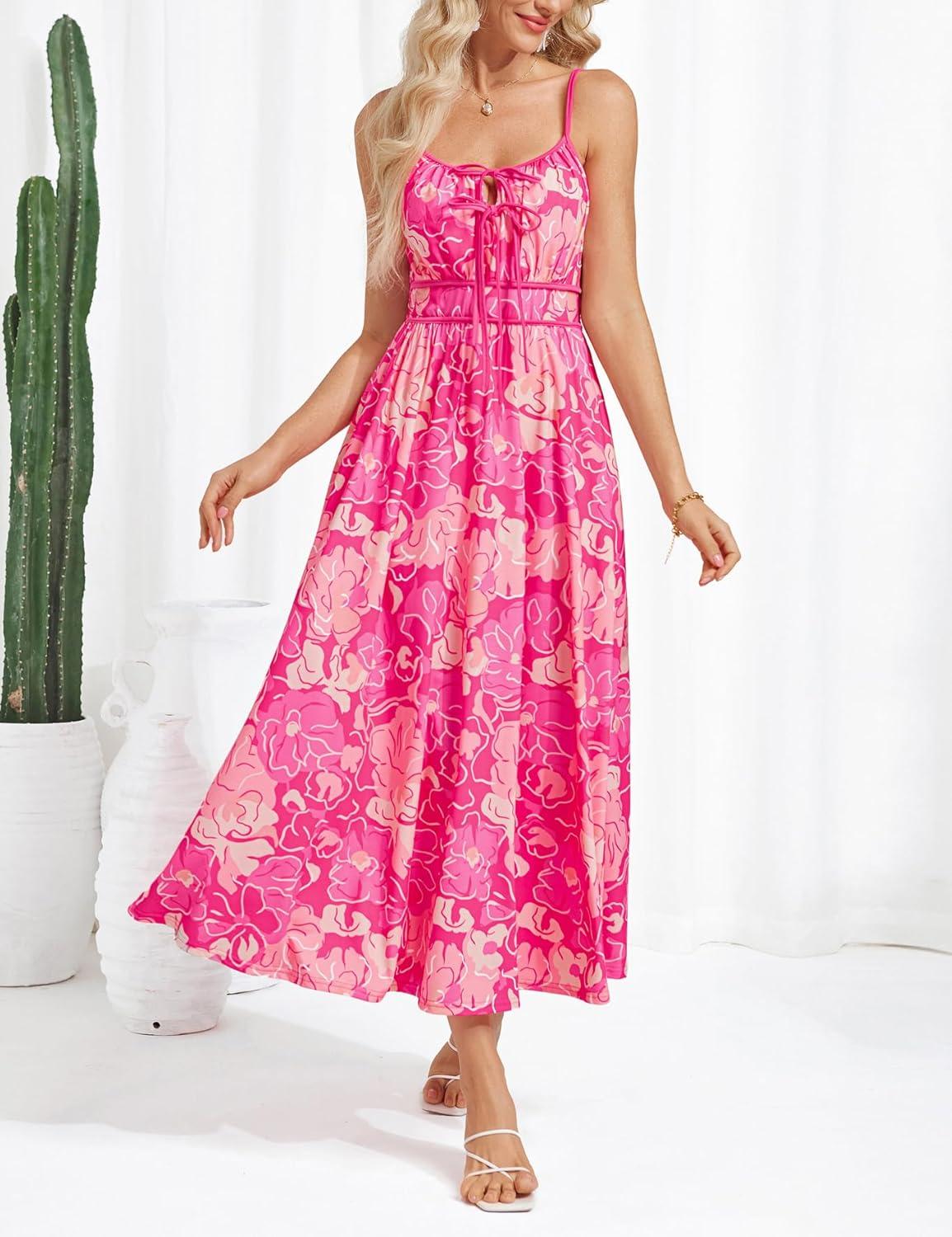 imageGRACE KARIN 2026 Womens Summer Maxi Dresses Tie Front Floral Boho Dress Spaghetti Strap Sundress with PocketsRose Red