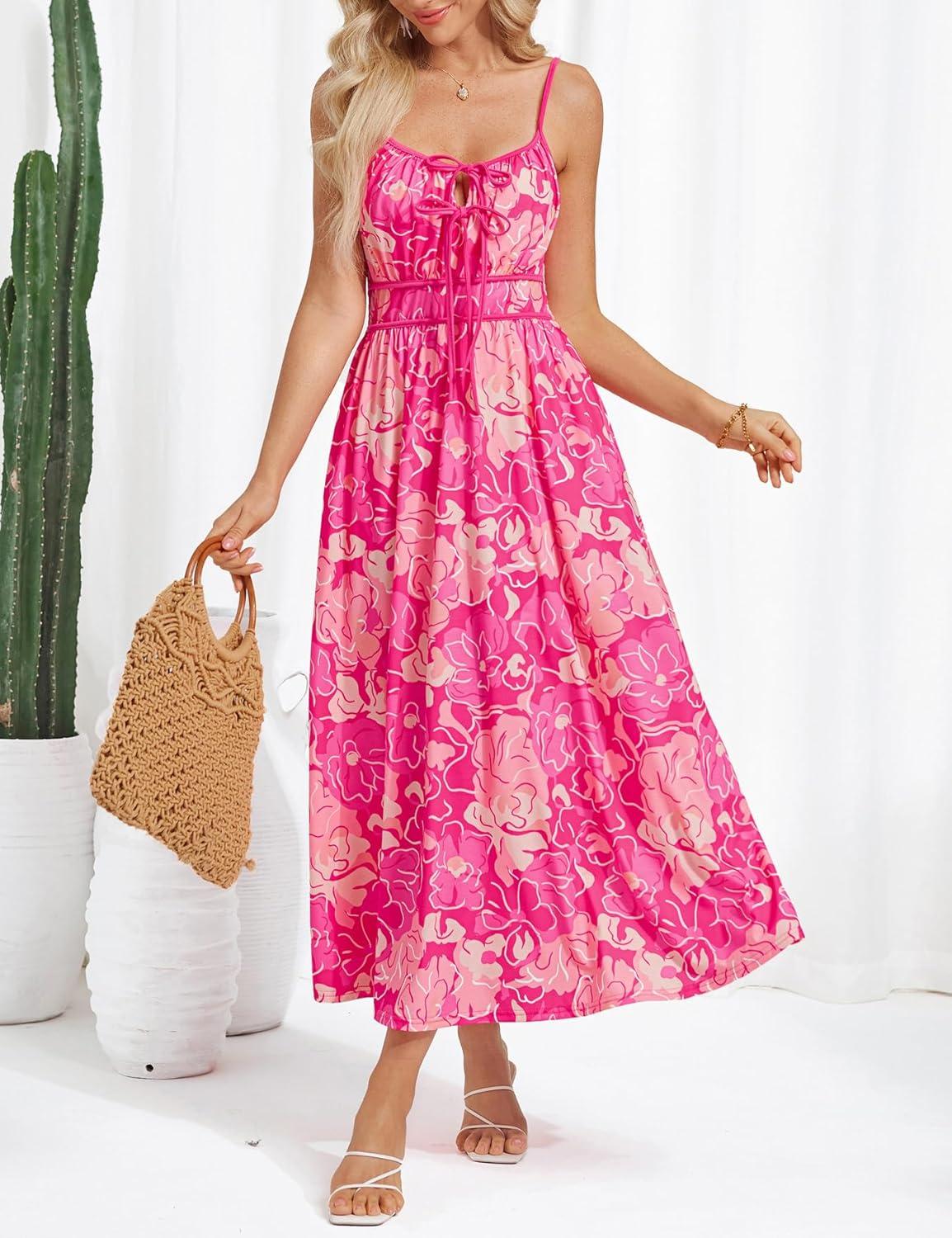 imageGRACE KARIN 2026 Womens Summer Maxi Dresses Tie Front Floral Boho Dress Spaghetti Strap Sundress with PocketsRose Red