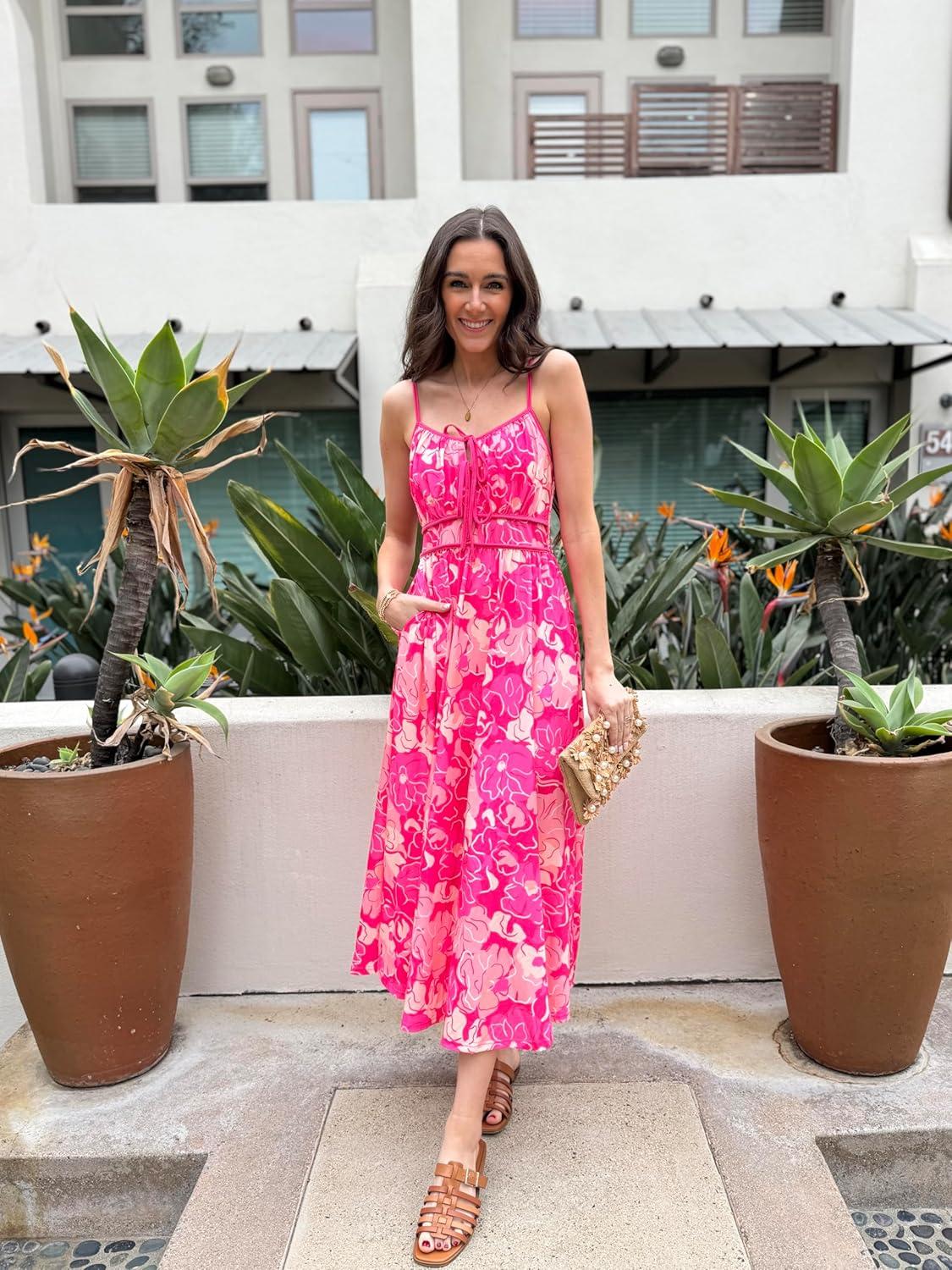 imageGRACE KARIN 2026 Womens Summer Maxi Dresses Tie Front Floral Boho Dress Spaghetti Strap Sundress with PocketsRose Red