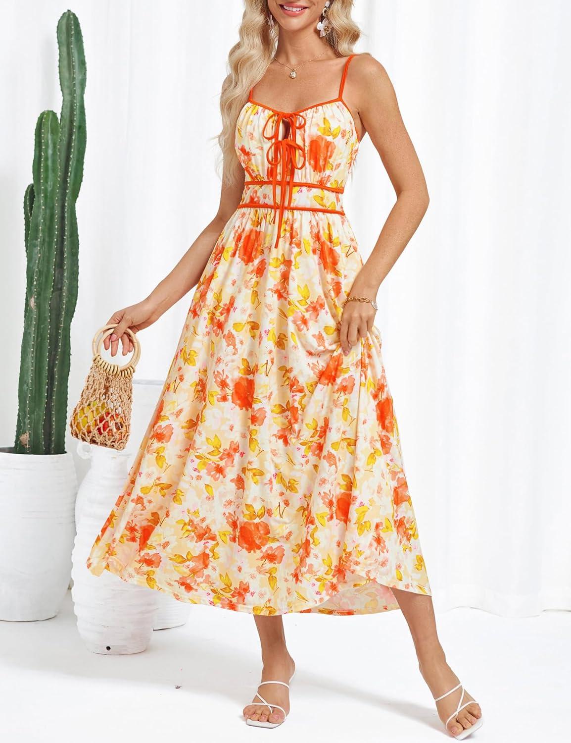 imageGRACE KARIN 2026 Womens Summer Maxi Dresses Tie Front Floral Boho Dress Spaghetti Strap Sundress with PocketsYellow