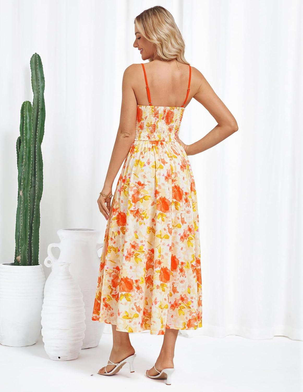 imageGRACE KARIN 2026 Womens Summer Maxi Dresses Tie Front Floral Boho Dress Spaghetti Strap Sundress with PocketsYellow