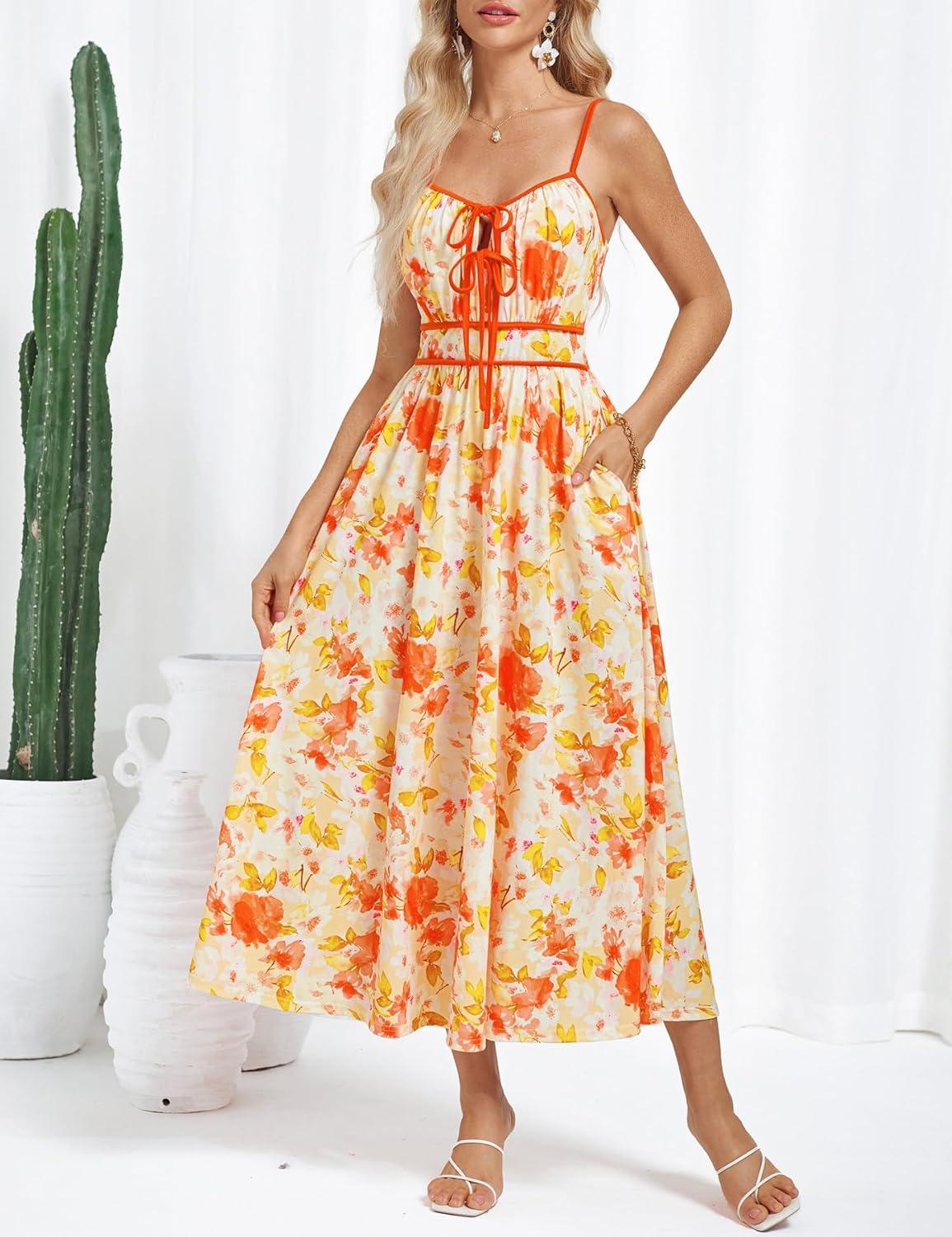 imageGRACE KARIN 2026 Womens Summer Maxi Dresses Tie Front Floral Boho Dress Spaghetti Strap Sundress with PocketsYellow