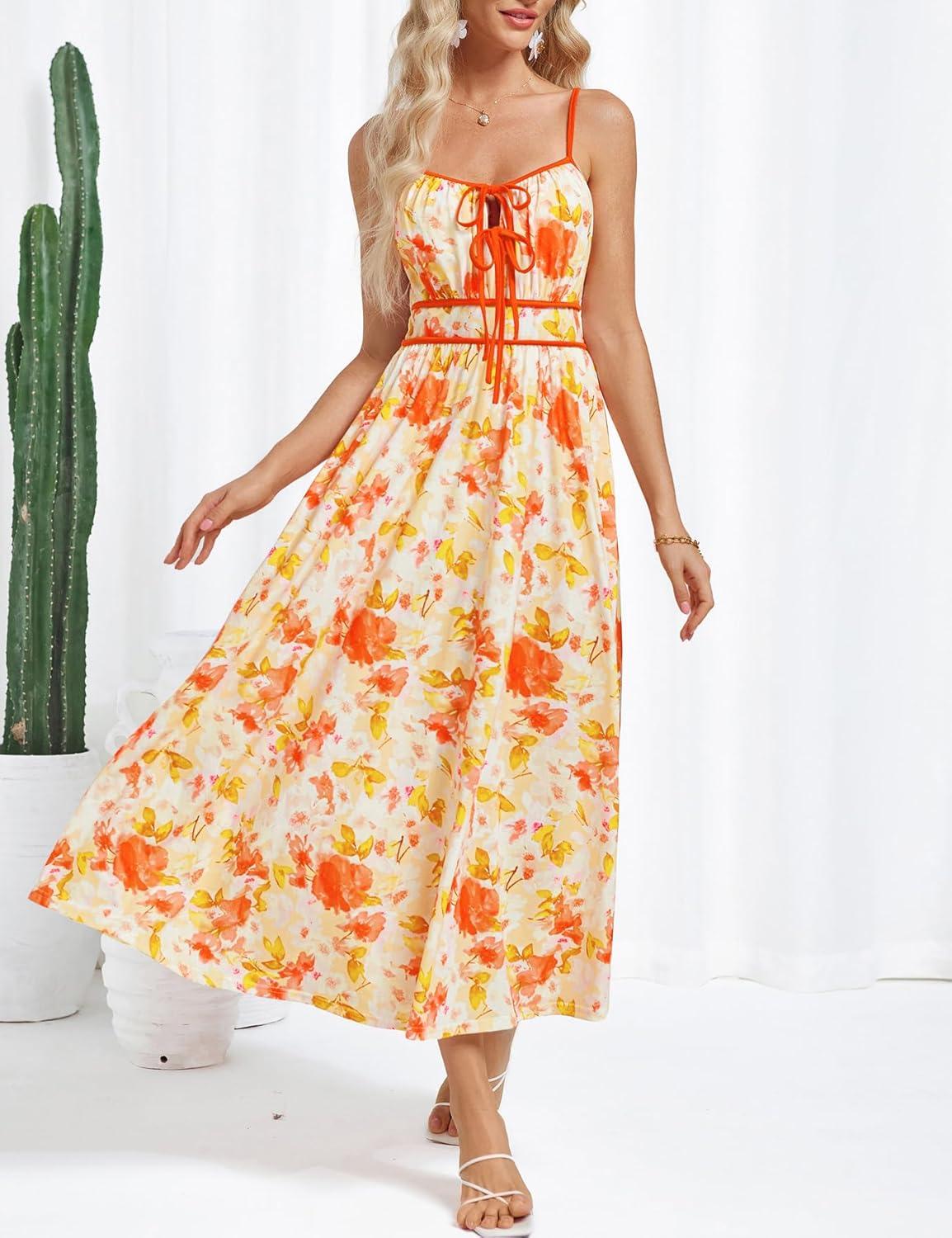 imageGRACE KARIN 2026 Womens Summer Maxi Dresses Tie Front Floral Boho Dress Spaghetti Strap Sundress with PocketsYellow
