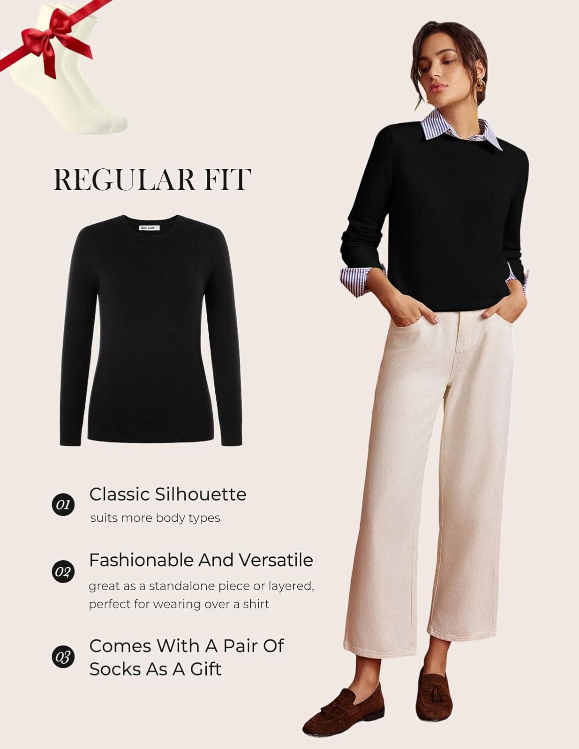 imageGRACE KARIN Cashmere Sweaters for Women Merino Wool Long Sleeve Sweater Casual Fall Crew Neck Sweater with Socks 2026Black