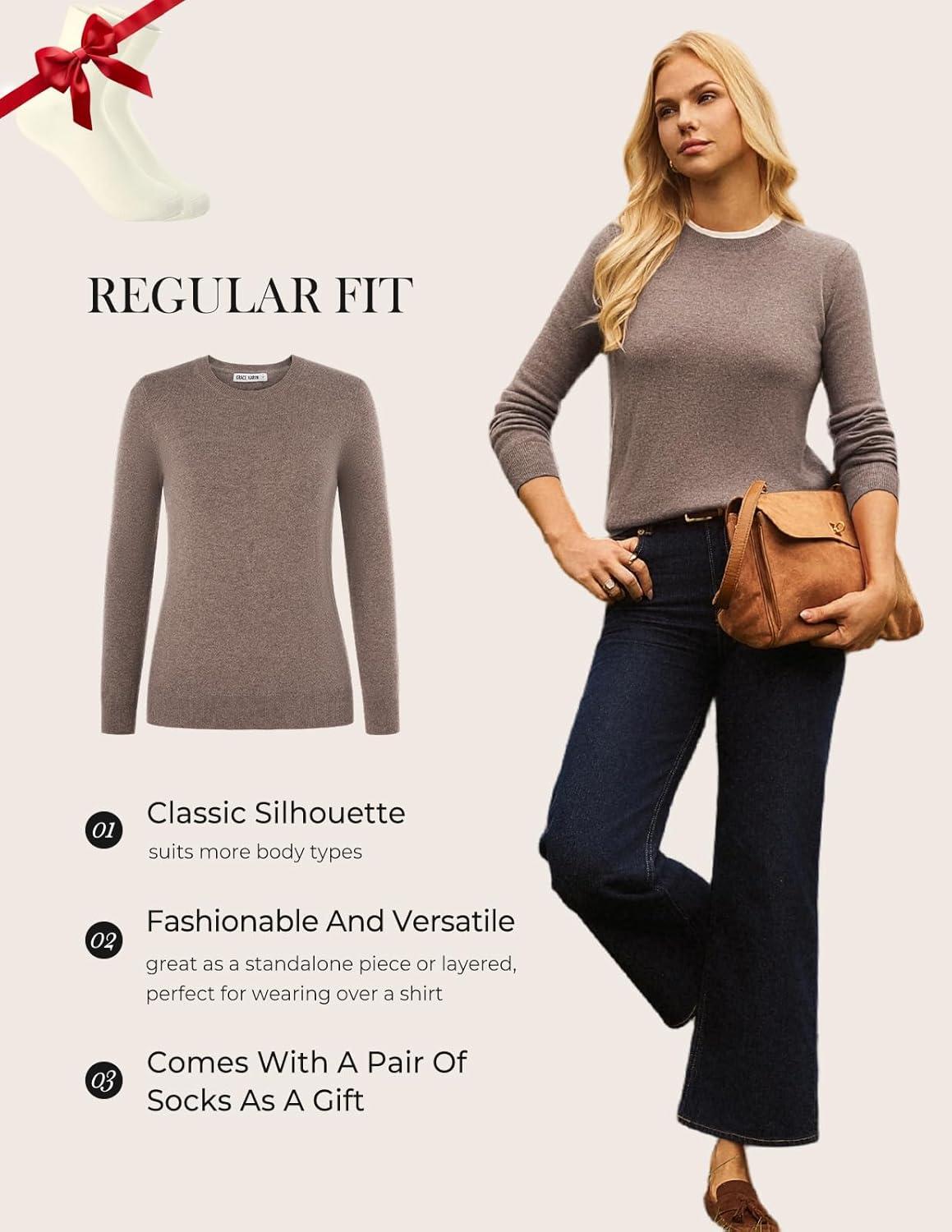 imageGRACE KARIN Cashmere Sweaters for Women Merino Wool Long Sleeve Sweater Casual Fall Crew Neck Sweater with Socks 2026Coffee