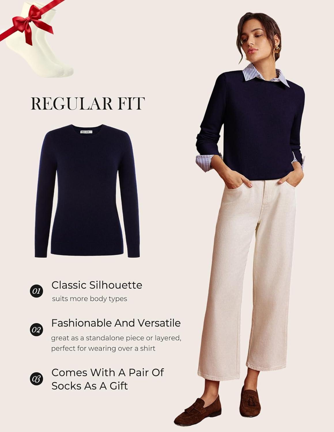 imageGRACE KARIN Cashmere Sweaters for Women Merino Wool Long Sleeve Sweater Casual Fall Crew Neck Sweater with Socks 2026Navy