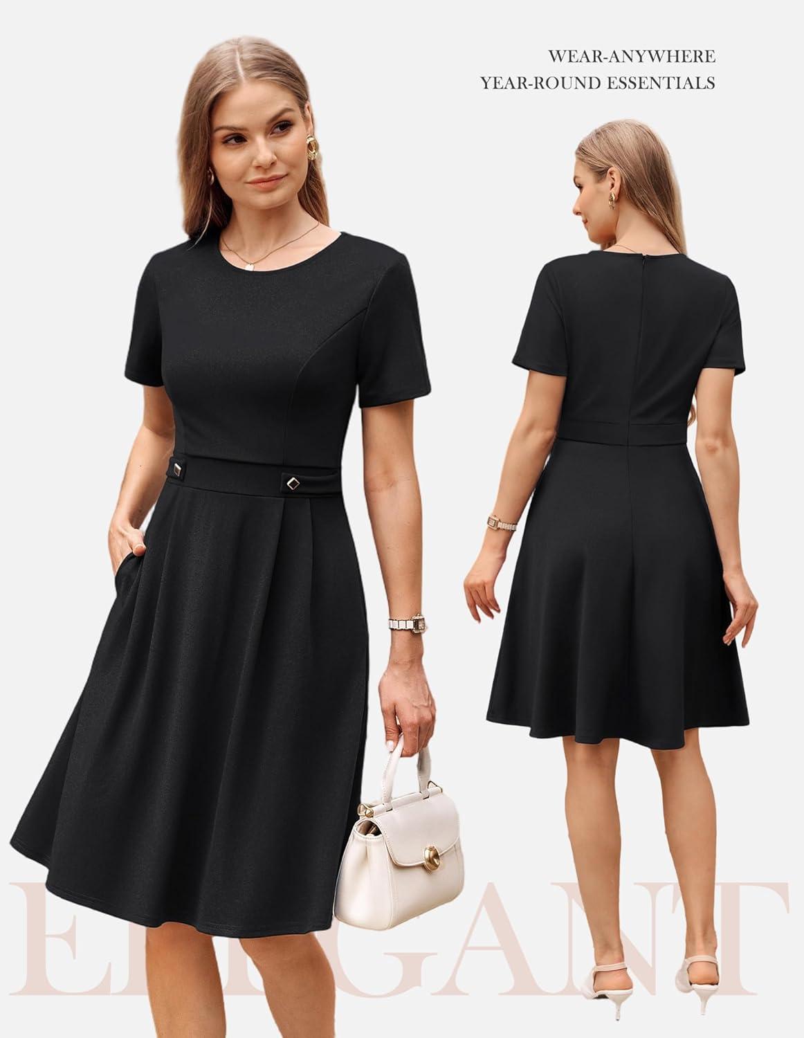 imageGRACE KARIN Church Dresses for Women 2026 Short Sleeve A Line Work Dresses Fit and Flare Dress with PocketsBlack