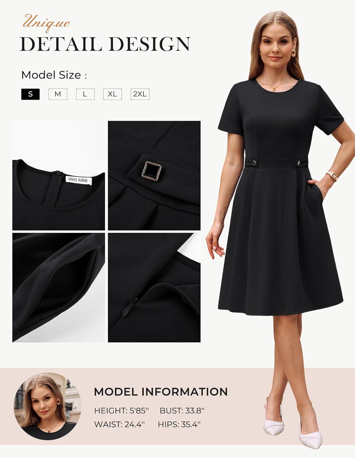 imageGRACE KARIN Church Dresses for Women 2026 Short Sleeve A Line Work Dresses Fit and Flare Dress with PocketsBlack