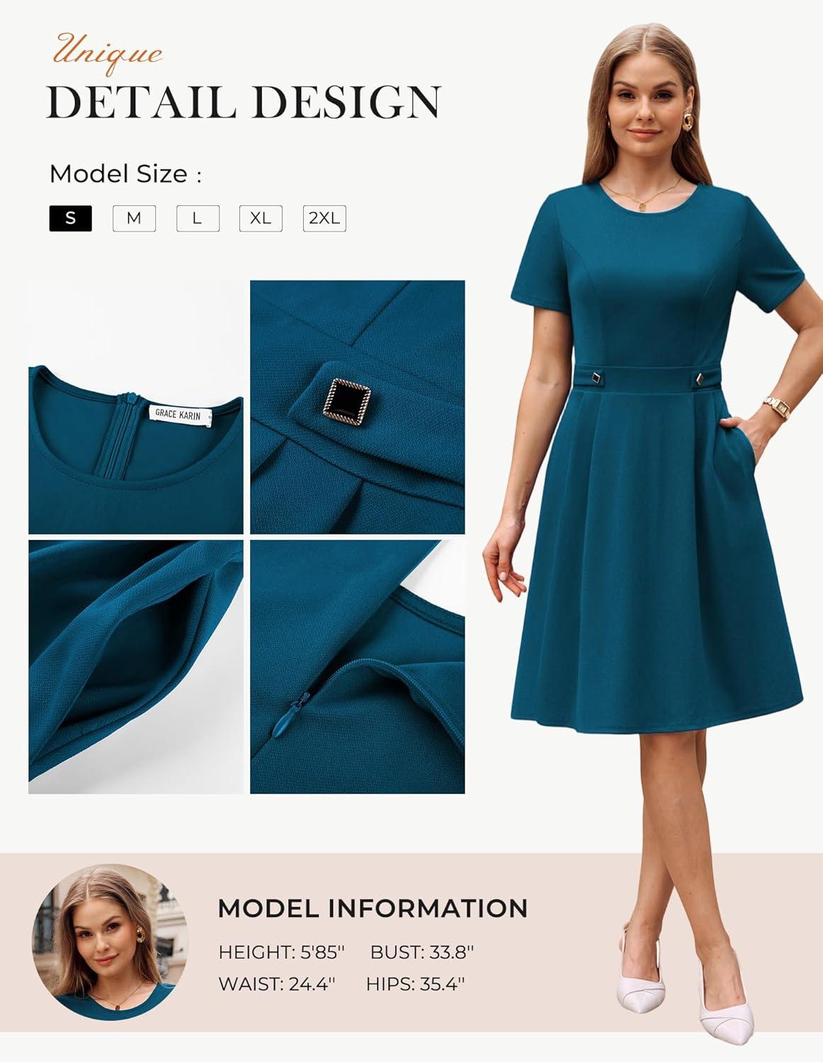 imageGRACE KARIN Church Dresses for Women 2026 Short Sleeve A Line Work Dresses Fit and Flare Dress with PocketsBlue Green