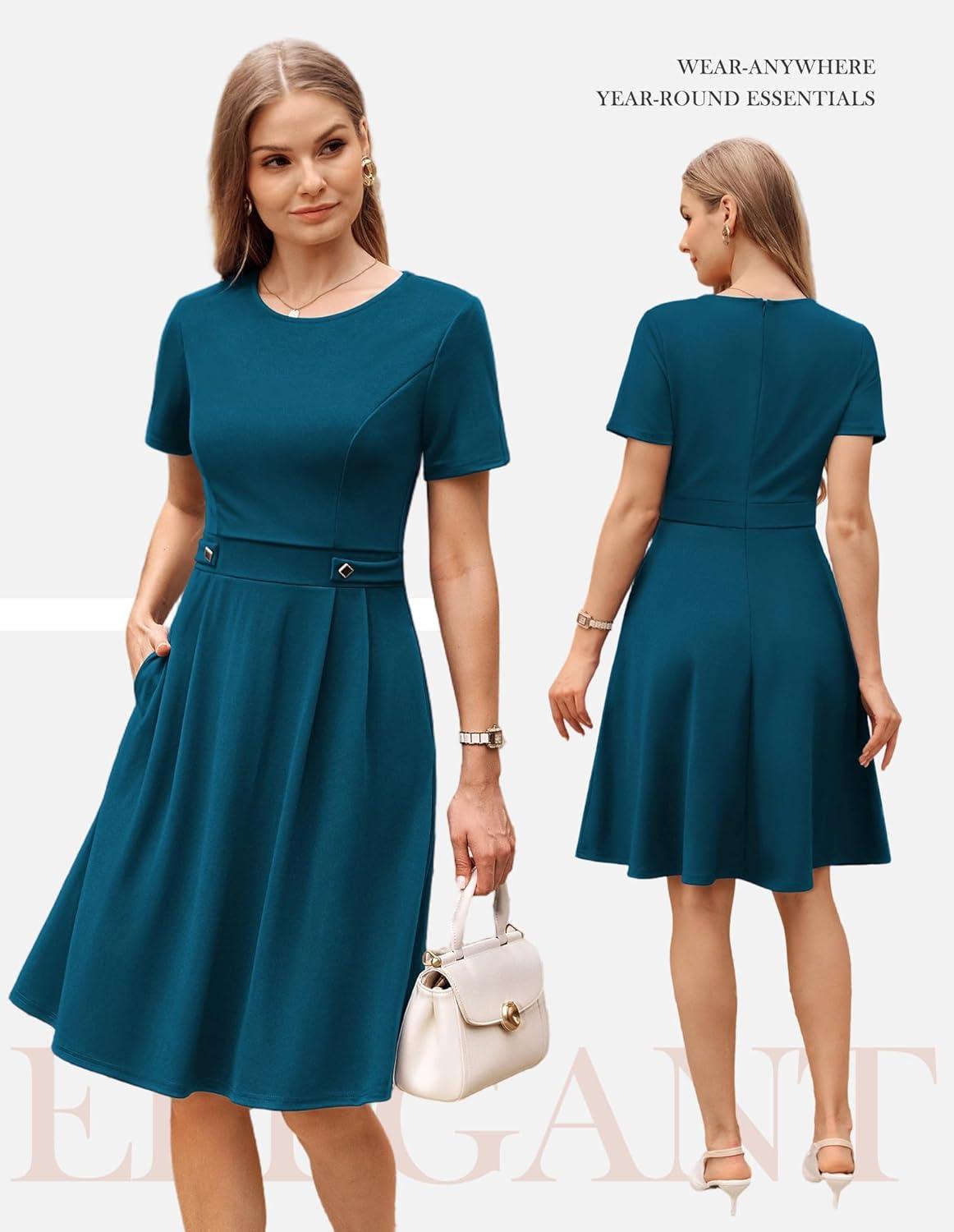 imageGRACE KARIN Church Dresses for Women 2026 Short Sleeve A Line Work Dresses Fit and Flare Dress with PocketsBlue Green