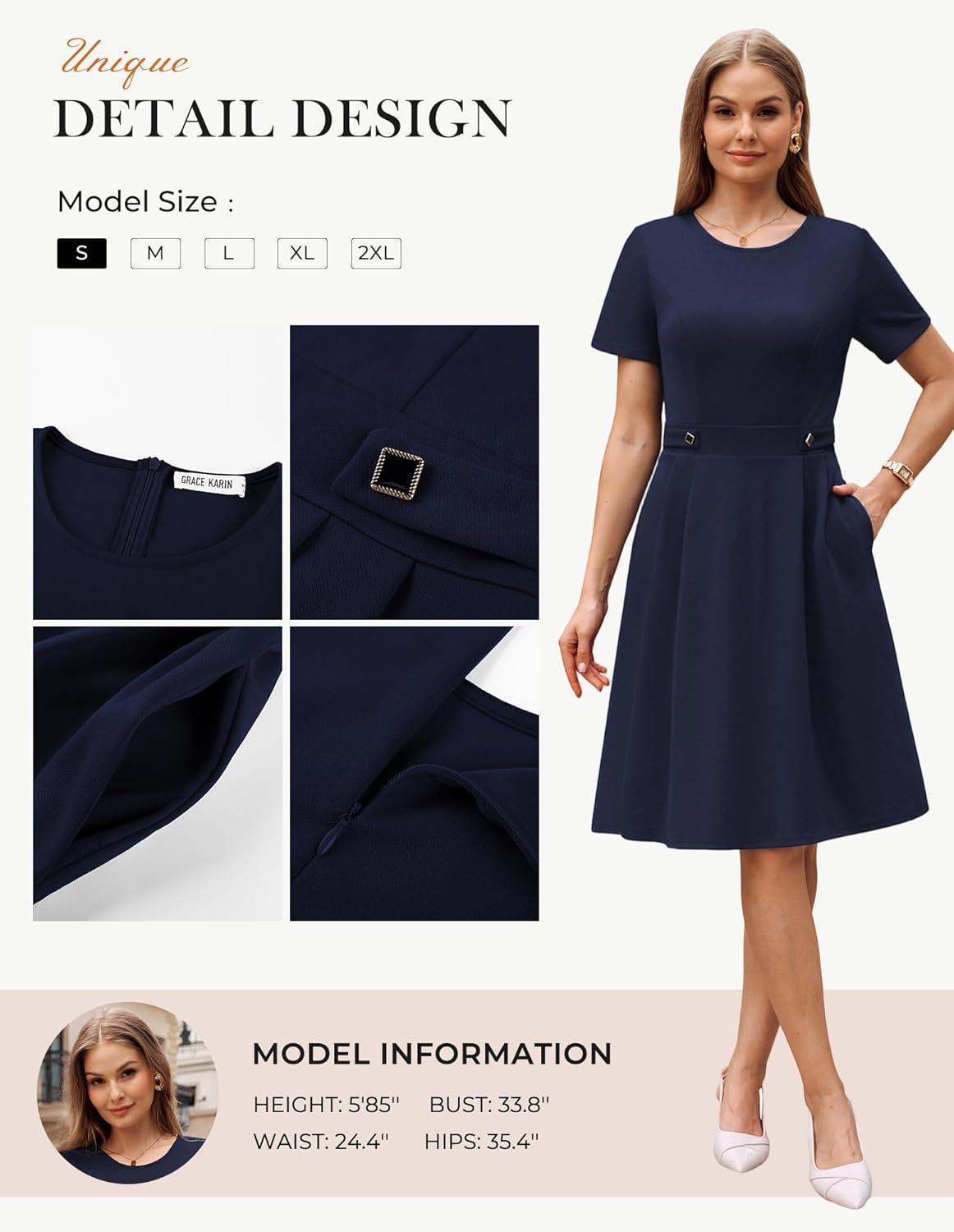 imageGRACE KARIN Church Dresses for Women 2026 Short Sleeve A Line Work Dresses Fit and Flare Dress with PocketsNavy Blue