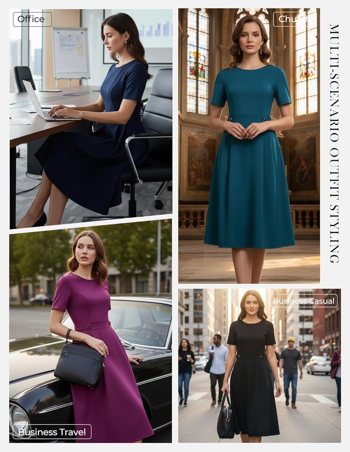 imageGRACE KARIN Church Dresses for Women 2026 Short Sleeve A Line Work Dresses Fit and Flare Dress with PocketsNavy Blue