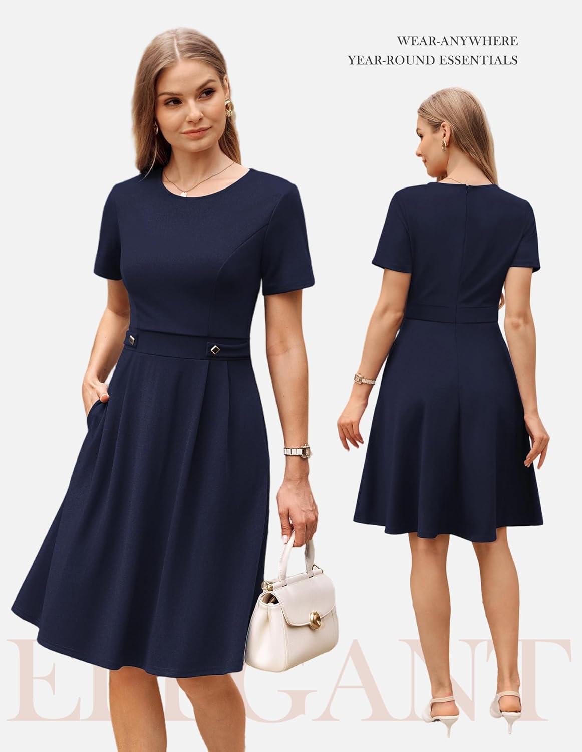 imageGRACE KARIN Church Dresses for Women 2026 Short Sleeve A Line Work Dresses Fit and Flare Dress with PocketsNavy Blue