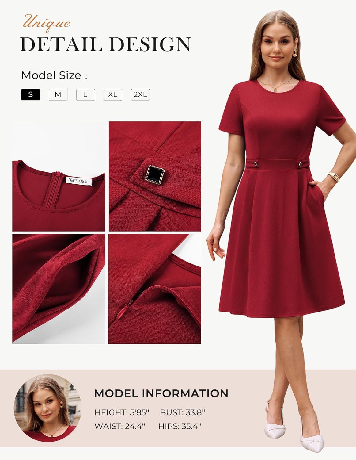 imageGRACE KARIN Church Dresses for Women 2026 Short Sleeve A Line Work Dresses Fit and Flare Dress with PocketsRed