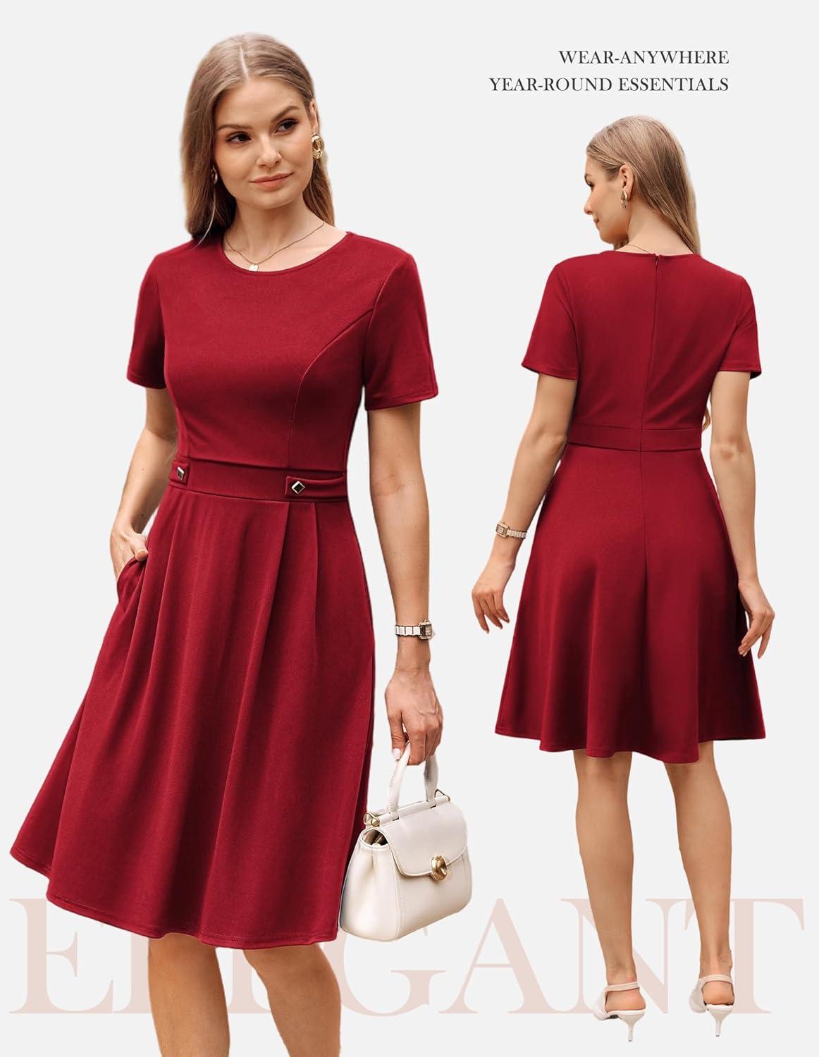 imageGRACE KARIN Church Dresses for Women 2026 Short Sleeve A Line Work Dresses Fit and Flare Dress with PocketsRed