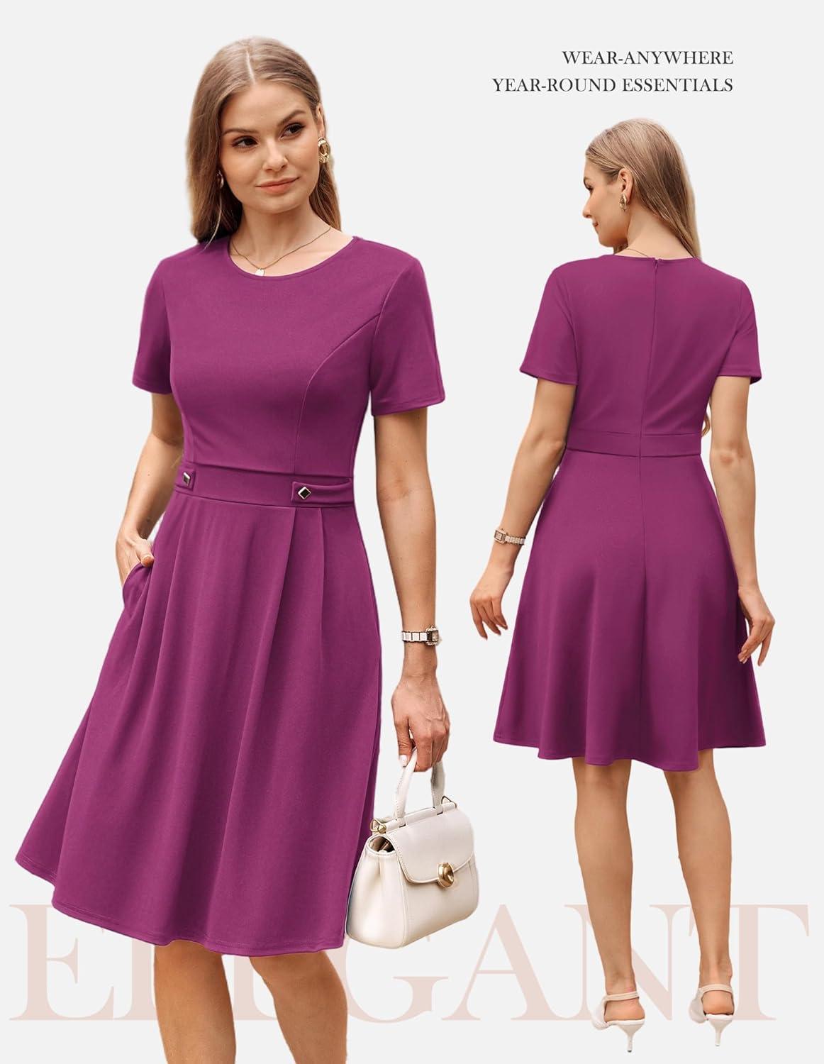 imageGRACE KARIN Church Dresses for Women 2026 Short Sleeve A Line Work Dresses Fit and Flare Dress with PocketsRose Purple