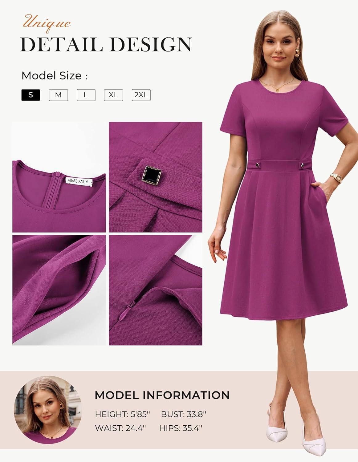 imageGRACE KARIN Church Dresses for Women 2026 Short Sleeve A Line Work Dresses Fit and Flare Dress with PocketsRose Purple