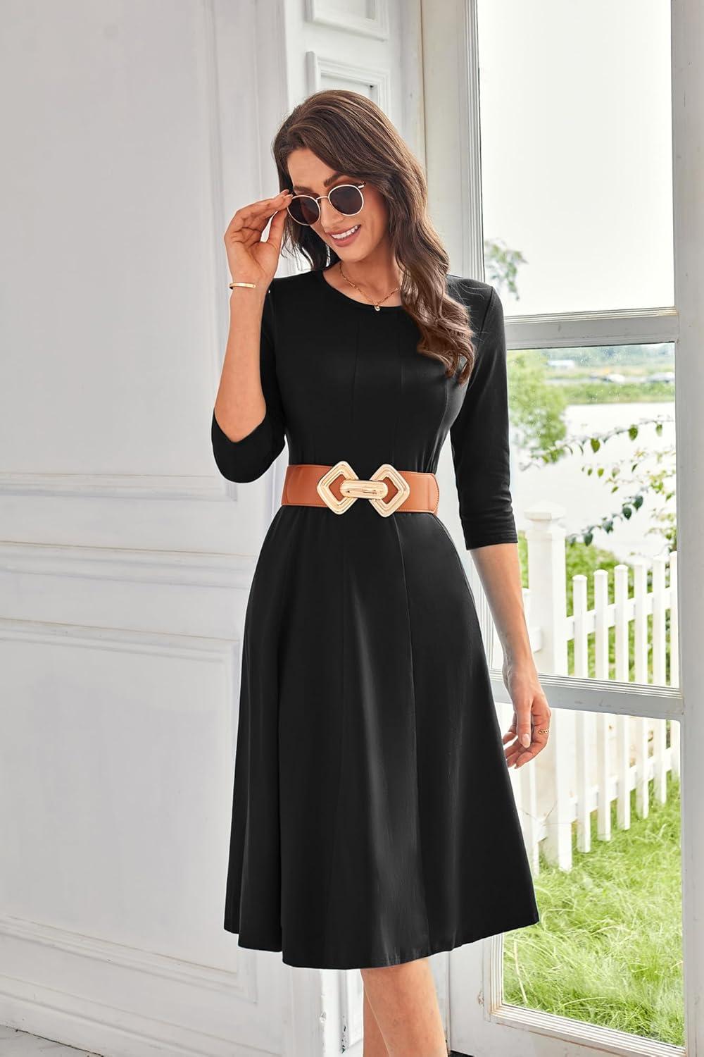 imageGRACE KARIN Fall Dresses for Women 2025 Casual 34 Sleeve Dress A Line Fit and Flare Midi Dress with PocketsBlack
