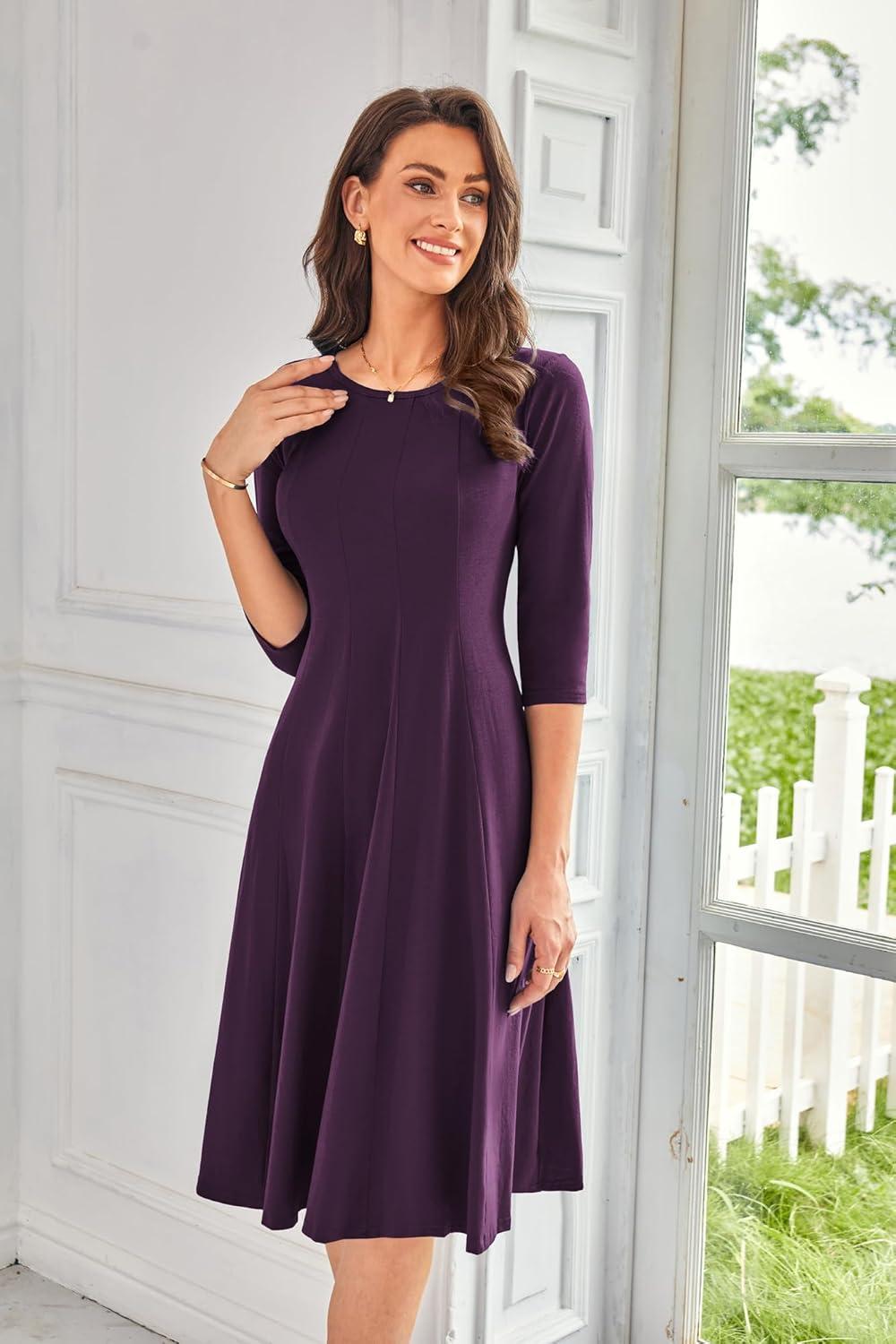 imageGRACE KARIN Fall Dresses for Women 2025 Casual 34 Sleeve Dress A Line Fit and Flare Midi Dress with PocketsDark Purple