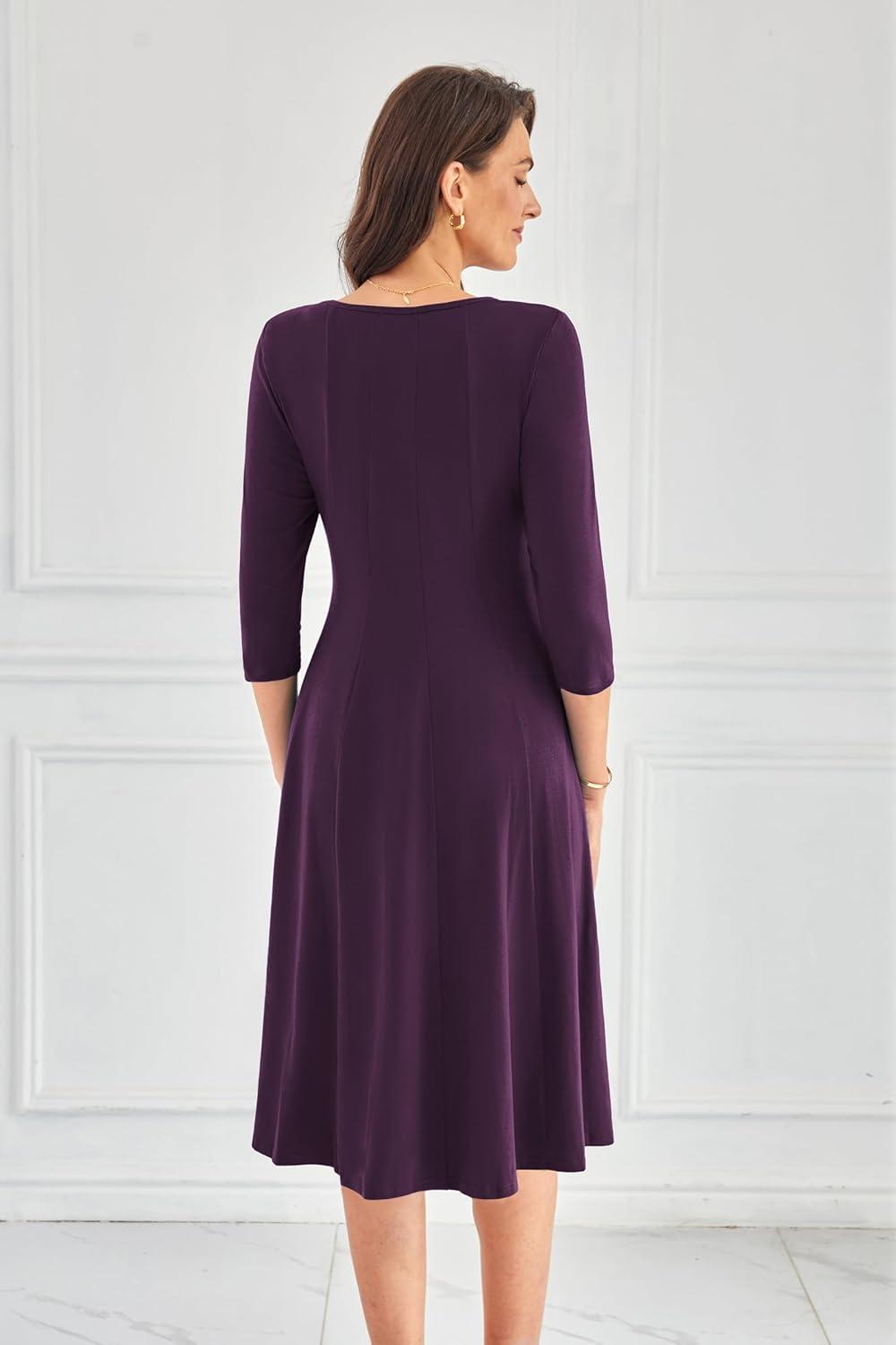 imageGRACE KARIN Fall Dresses for Women 2025 Casual 34 Sleeve Dress A Line Fit and Flare Midi Dress with PocketsDark Purple
