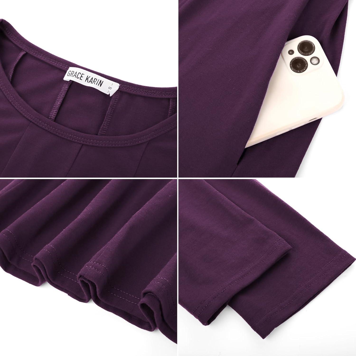 imageGRACE KARIN Fall Dresses for Women 2025 Casual 34 Sleeve Dress A Line Fit and Flare Midi Dress with PocketsDark Purple
