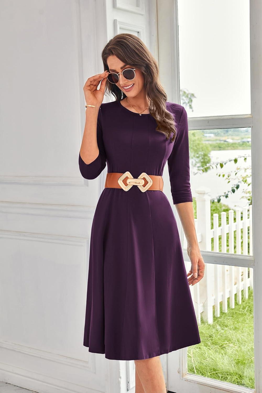 imageGRACE KARIN Fall Dresses for Women 2025 Casual 34 Sleeve Dress A Line Fit and Flare Midi Dress with PocketsDark Purple
