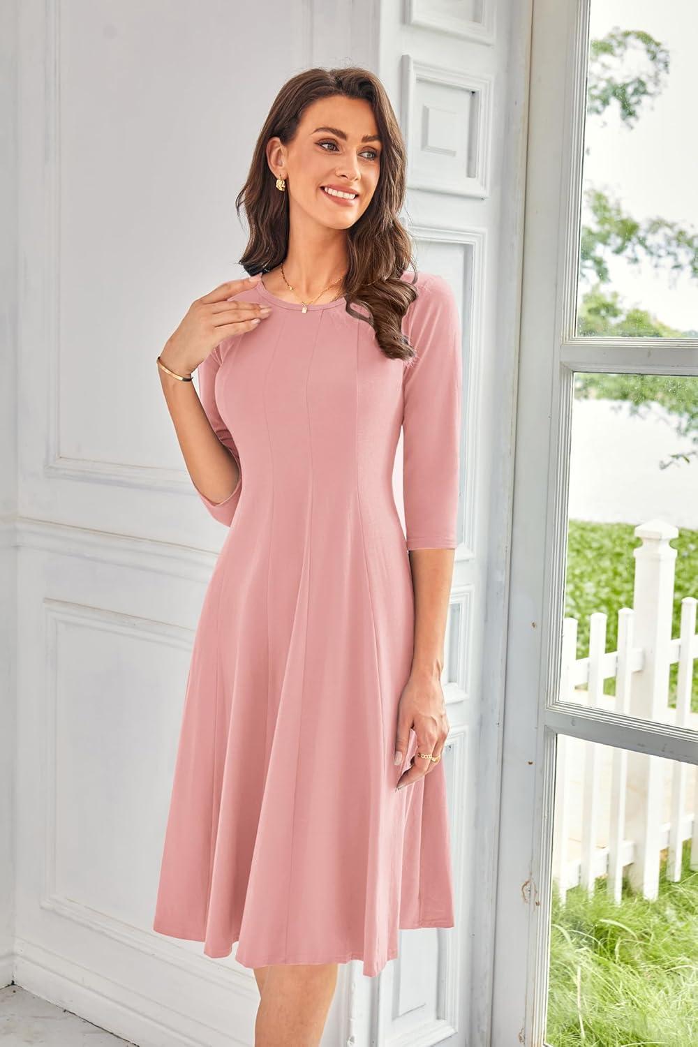 imageGRACE KARIN Fall Dresses for Women 2025 Casual 34 Sleeve Dress A Line Fit and Flare Midi Dress with PocketsDusty Pink