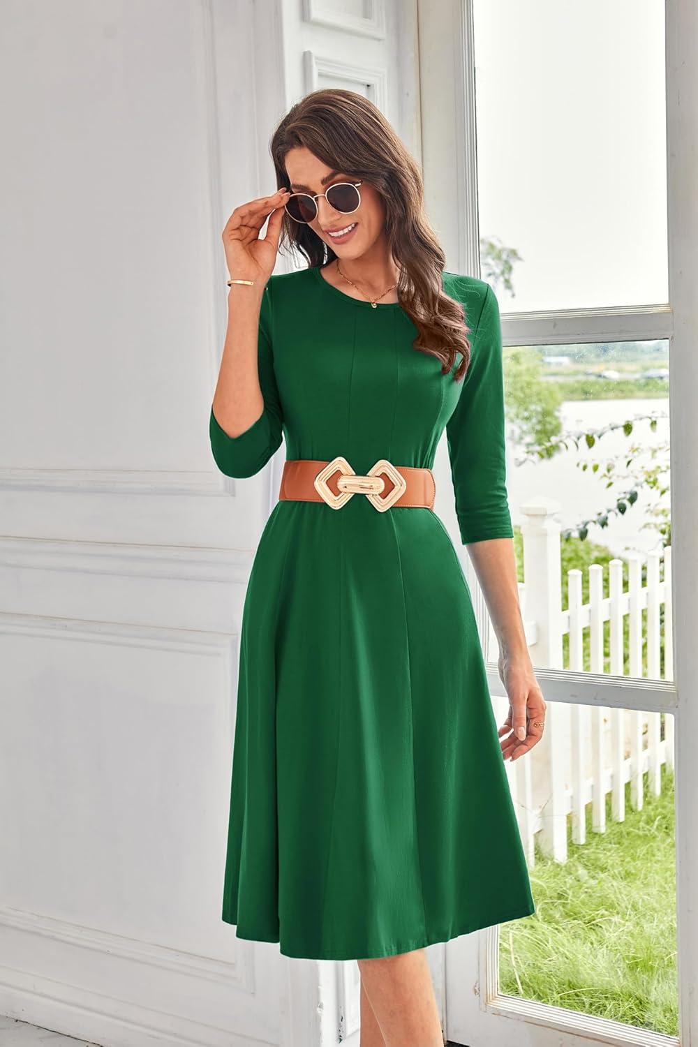 imageGRACE KARIN Fall Dresses for Women 2025 Casual 34 Sleeve Dress A Line Fit and Flare Midi Dress with PocketsGreen