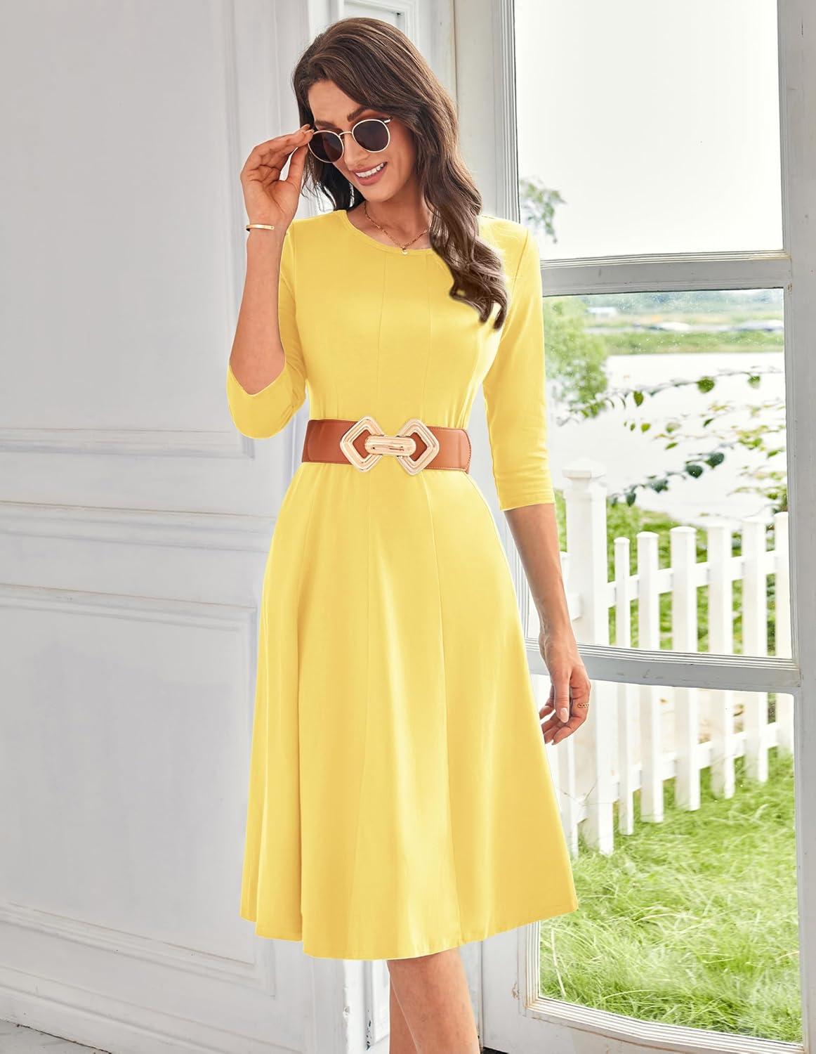 imageGRACE KARIN Fall Dresses for Women 2025 Casual 34 Sleeve Dress A Line Fit and Flare Midi Dress with PocketsLight Yellow