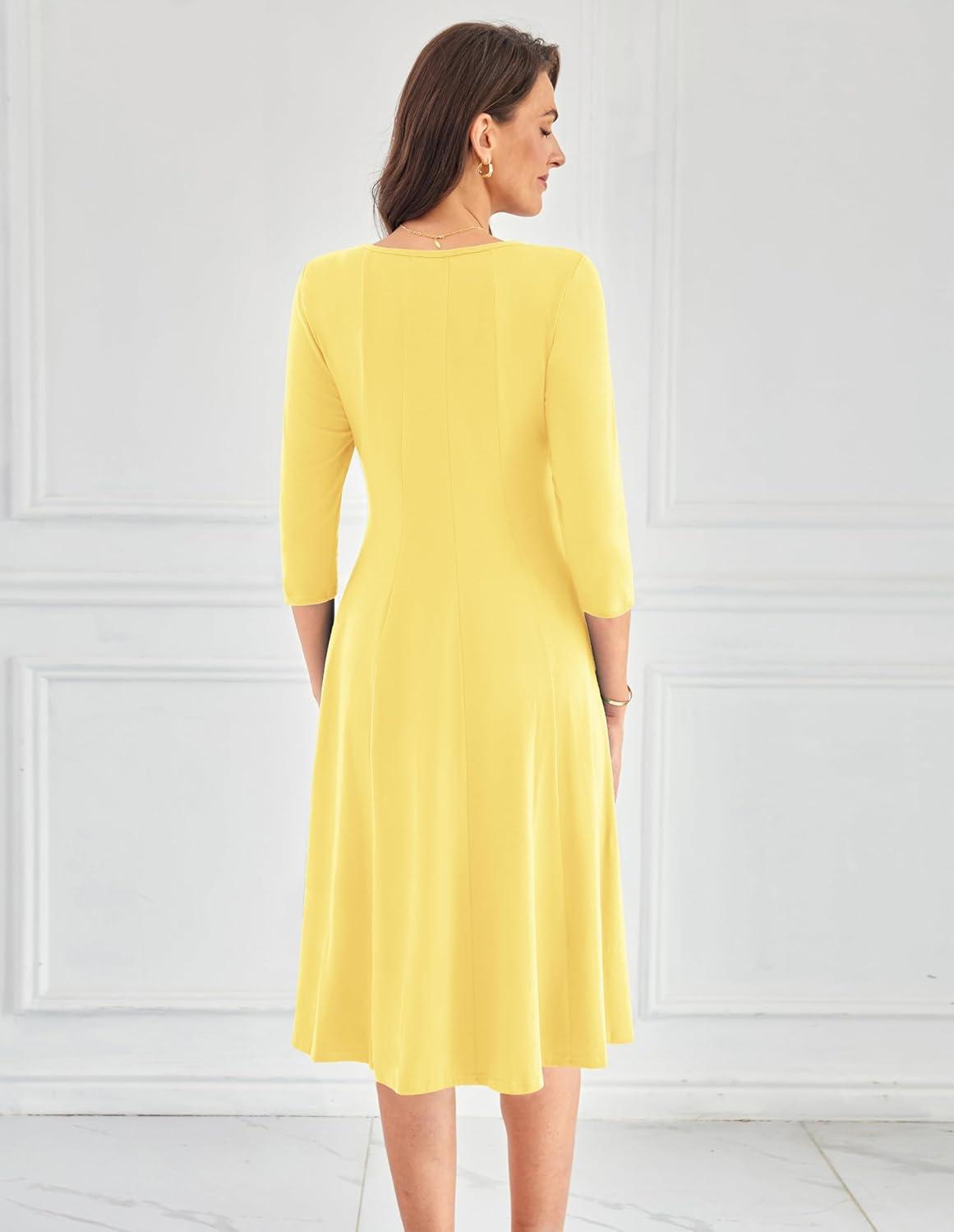 imageGRACE KARIN Fall Dresses for Women 2025 Casual 34 Sleeve Dress A Line Fit and Flare Midi Dress with PocketsLight Yellow