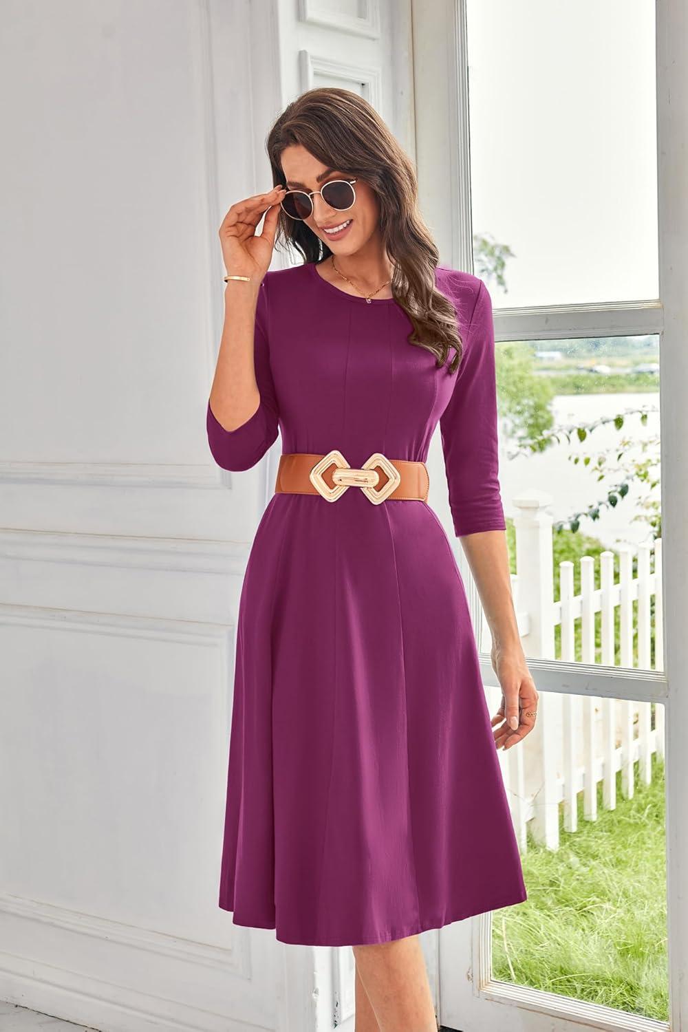 imageGRACE KARIN Fall Dresses for Women 2025 Casual 34 Sleeve Dress A Line Fit and Flare Midi Dress with PocketsMulberry